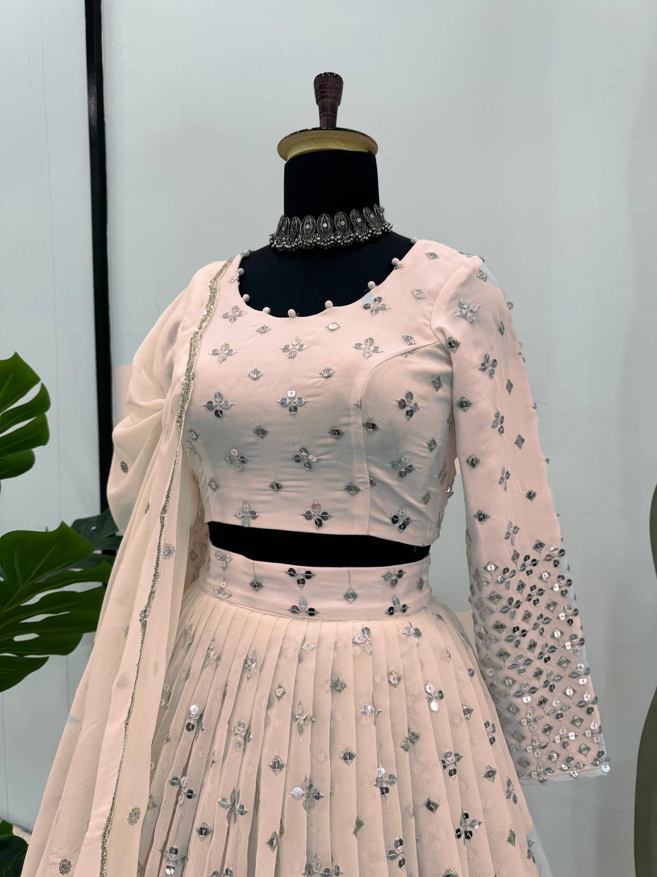 Light Pink Designer Faux Georgette Semi-Stitched Lehenga Set with 9mm Sequin Embroidery & Cutwork Dupatta
