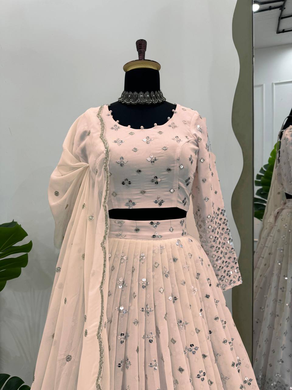 Light Pink Designer Faux Georgette Semi-Stitched Lehenga Set with 9mm Sequin Embroidery & Cutwork Dupatta