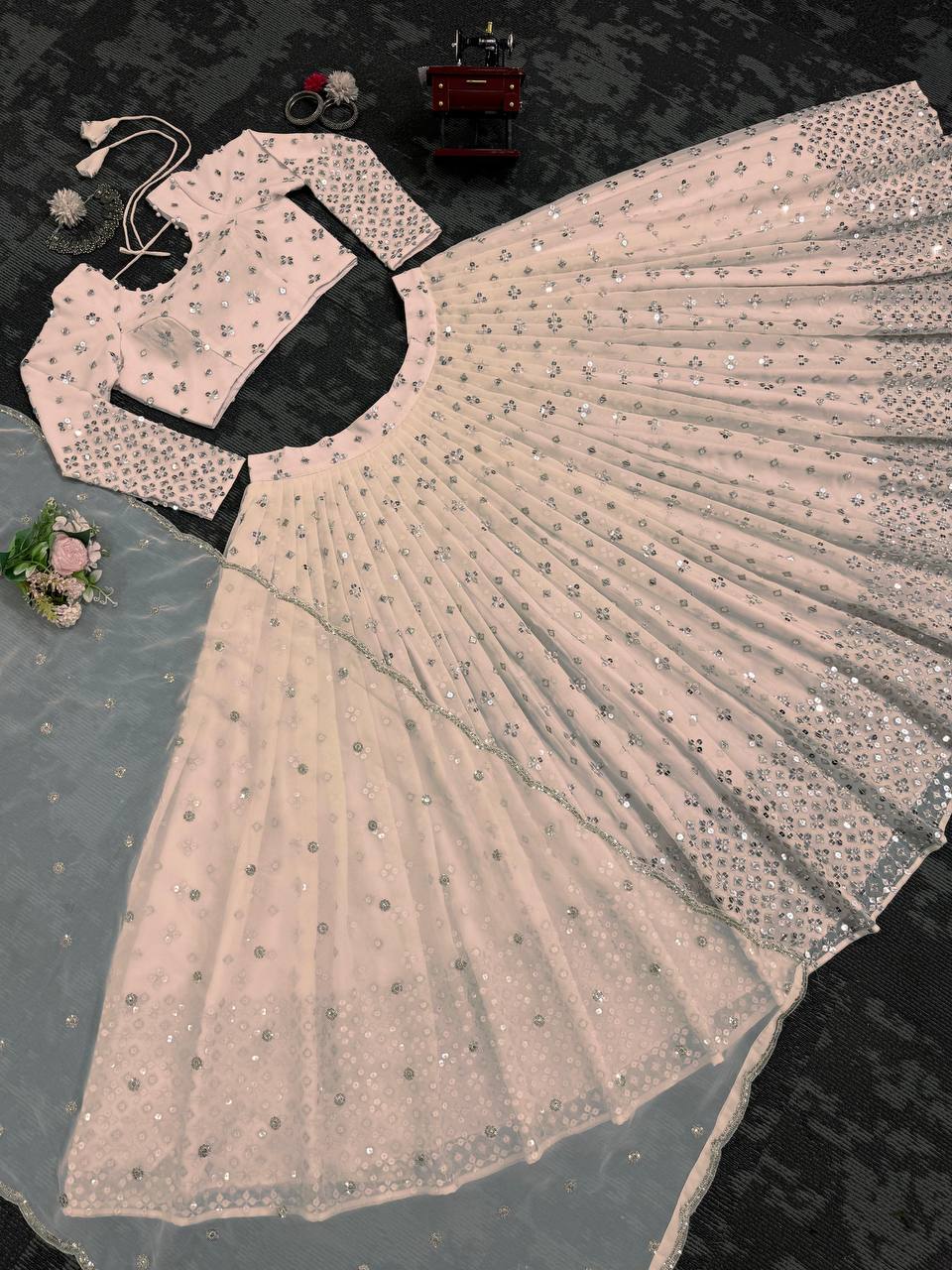 Light Pink Designer Faux Georgette Semi-Stitched Lehenga Set with 9mm Sequin Embroidery & Cutwork Dupatta