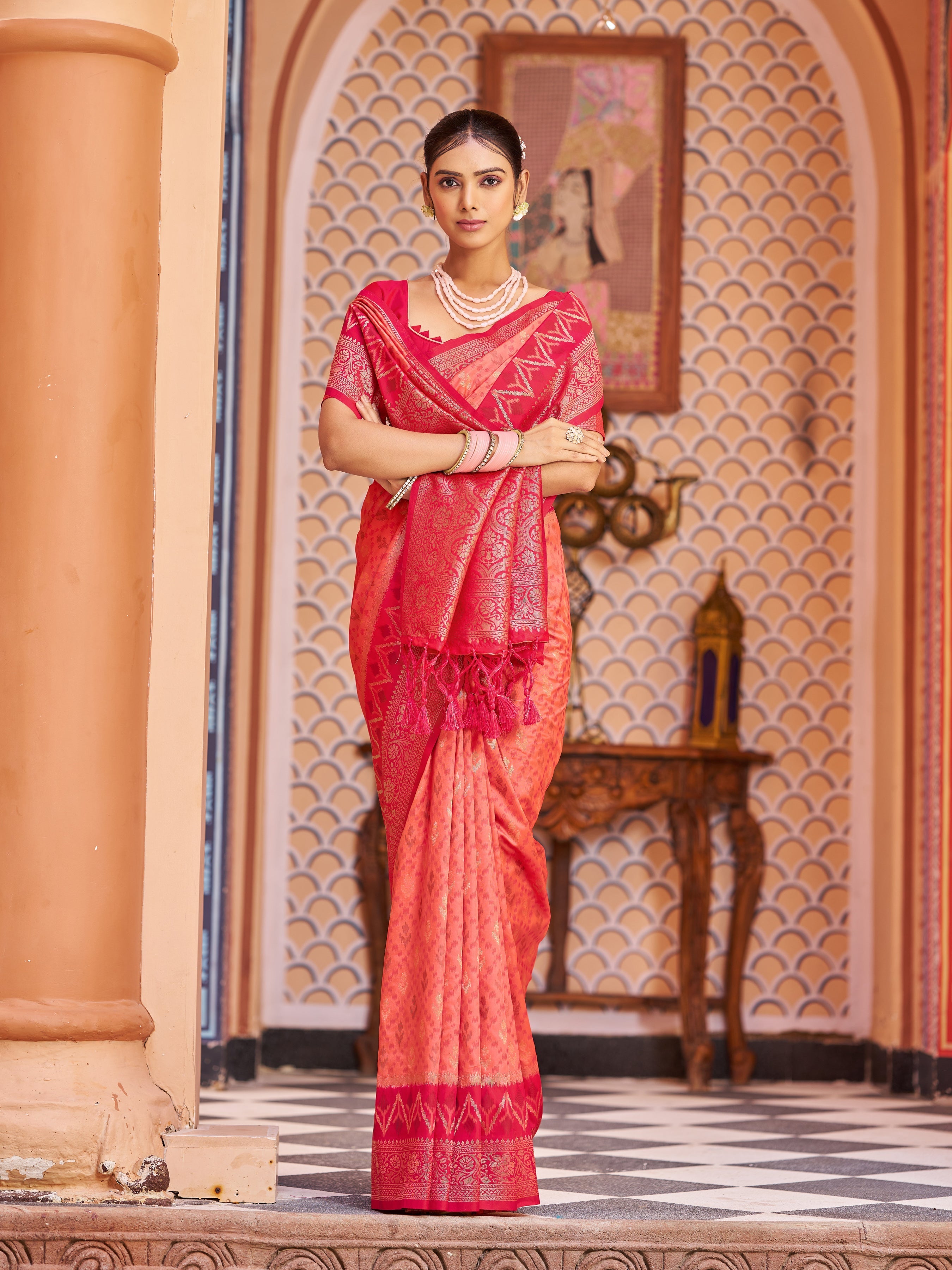 Light Pink Elegant Banarasi Tissue Silk Saree with Zari Woven Design