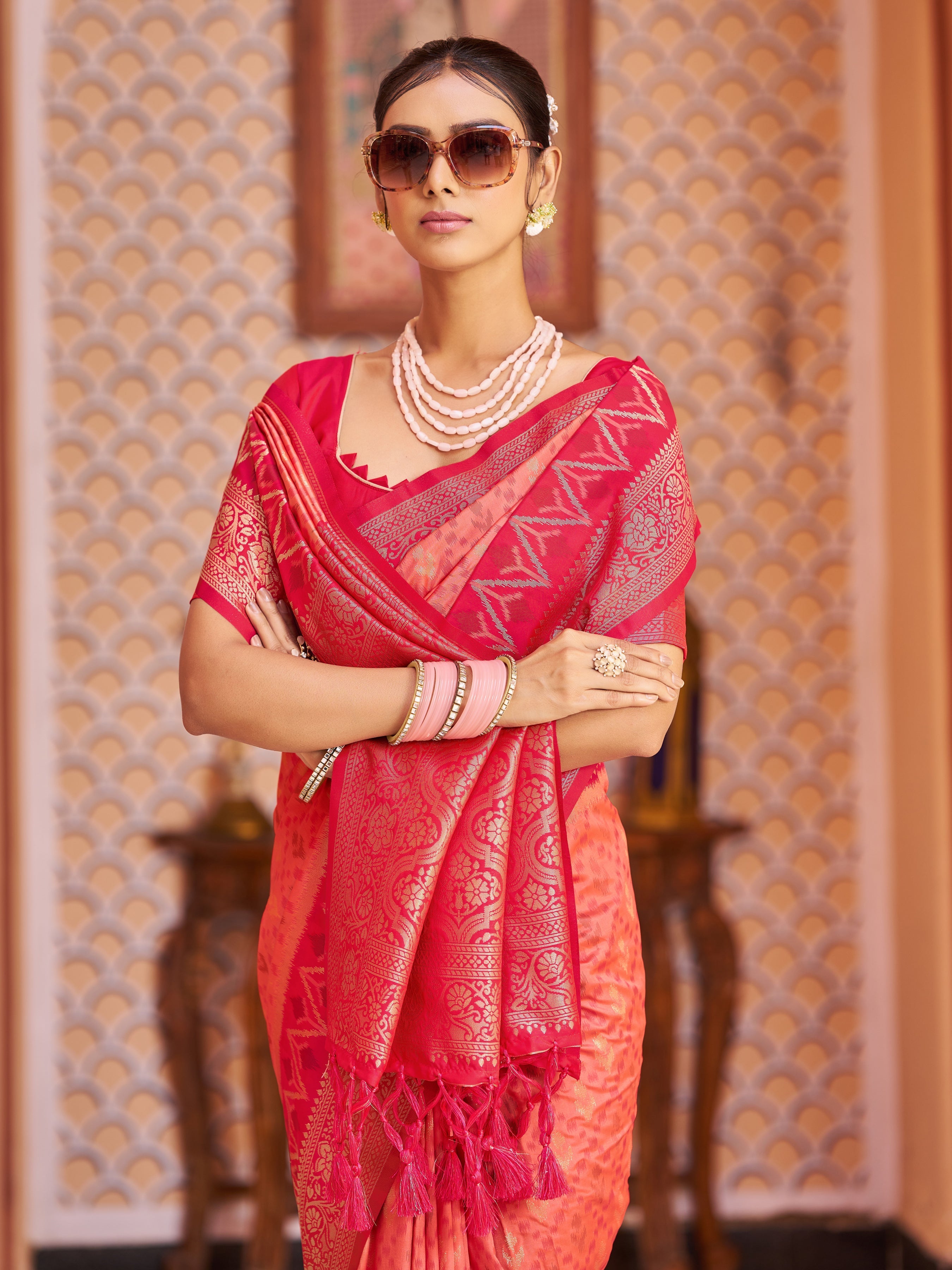 Light Pink Elegant Banarasi Tissue Silk Saree with Zari Woven Design
