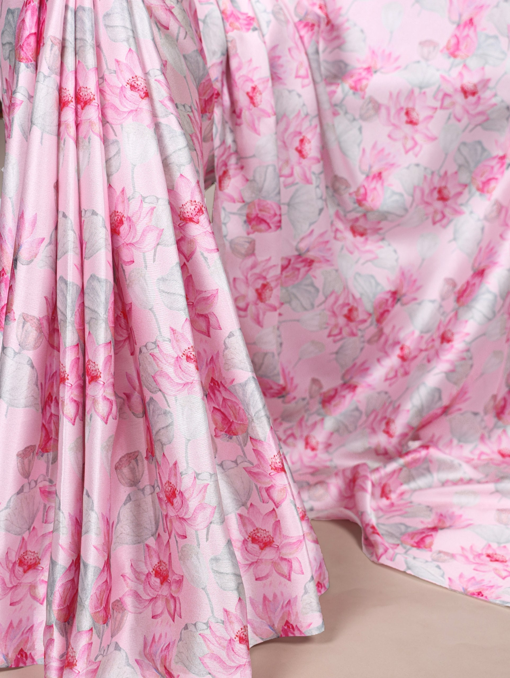 Light Pink Elegant Floral Printed Satin Silk Saree with Mono Benglory Blouse Piece