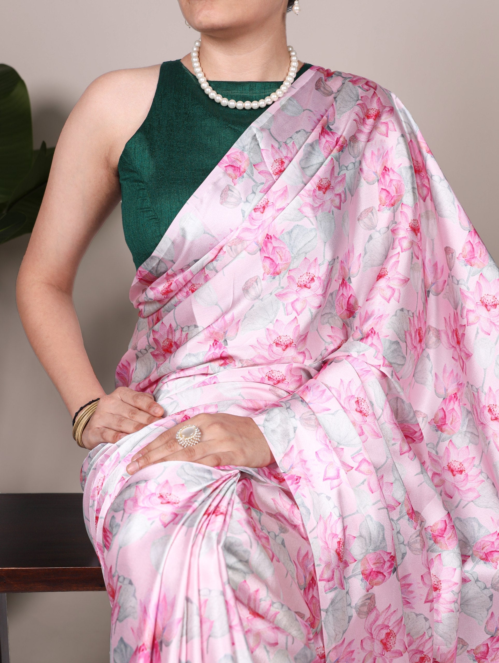 Light Pink Elegant Floral Printed Satin Silk Saree with Mono Benglory Blouse Piece