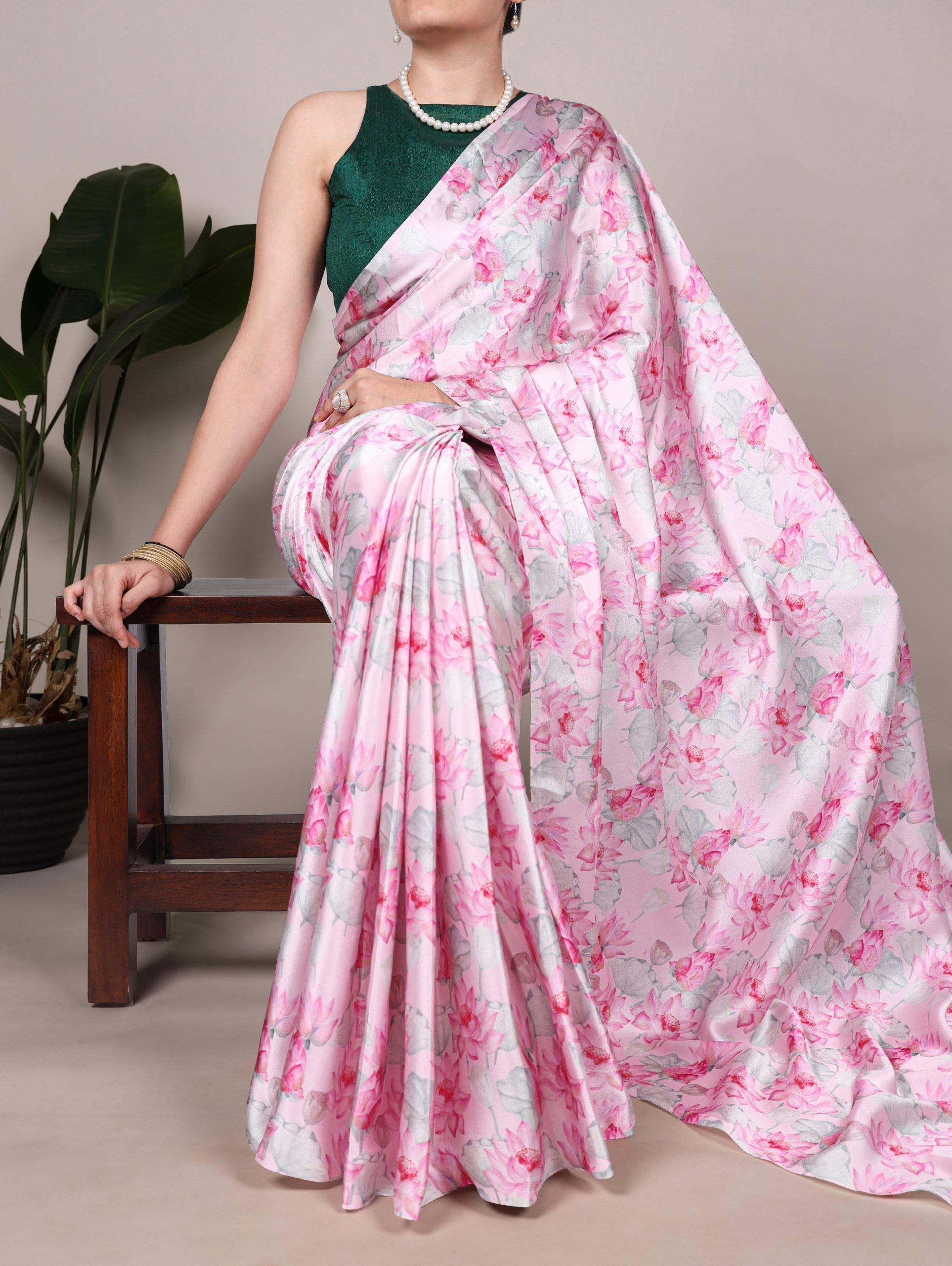 Light Pink Elegant Floral Printed Satin Silk Saree with Mono Benglory Blouse Piece