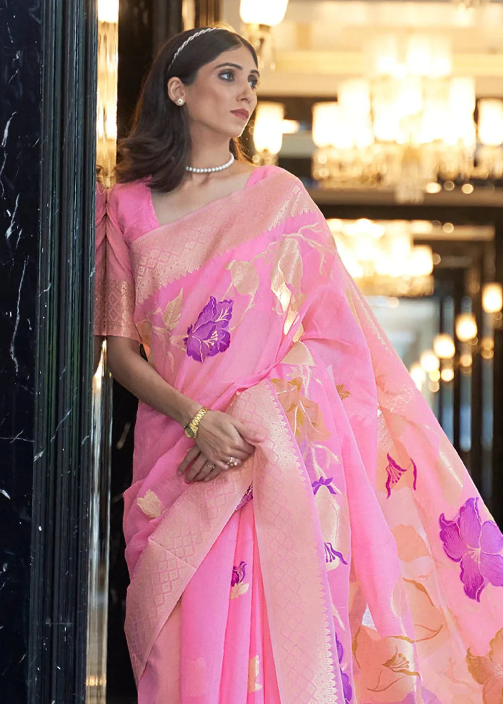 Light Pink Elegant Linen Saree with Floral Printed Weaving Work