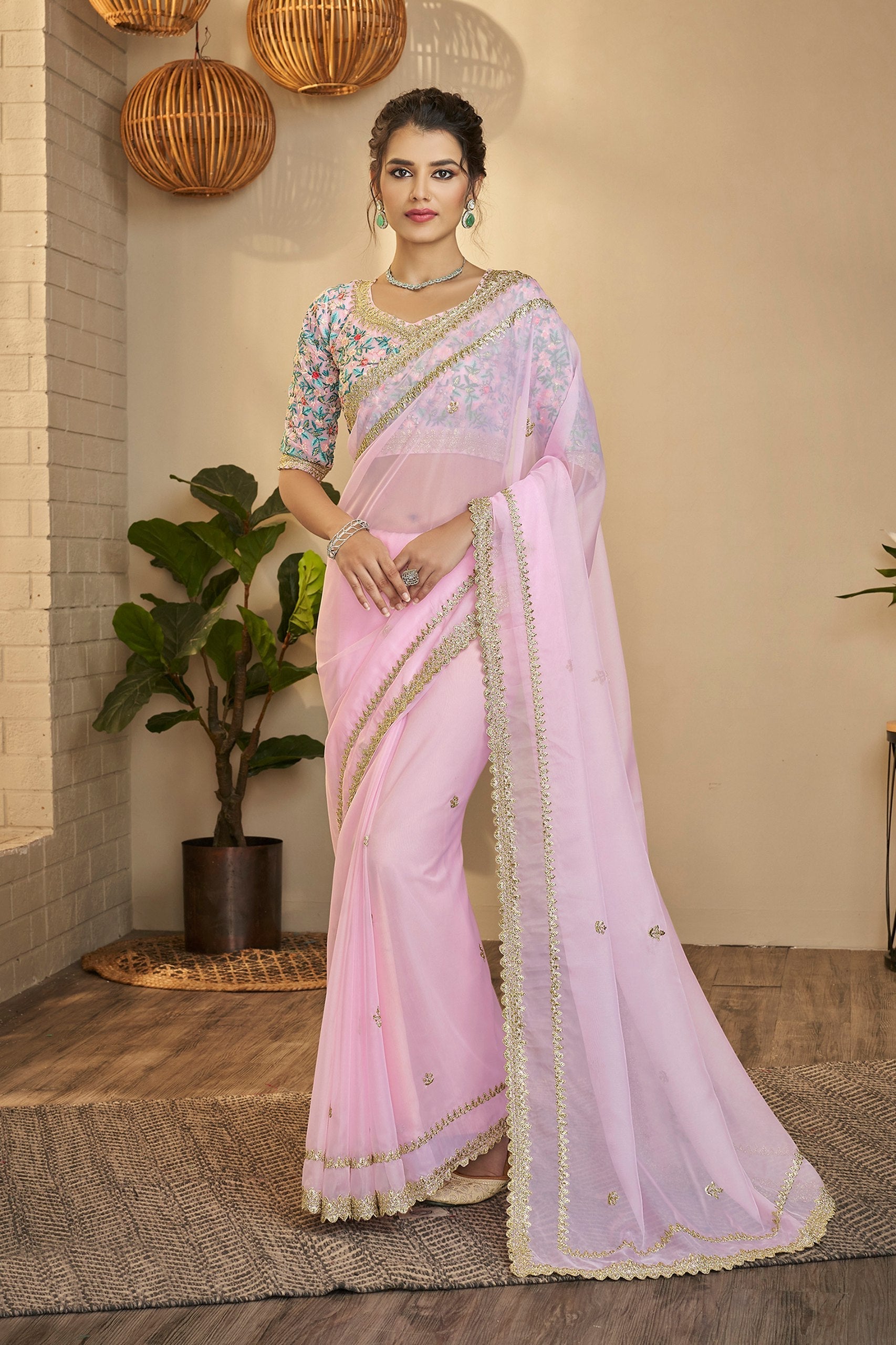 Light Pink Elegant Organza Saree with Resham, Zari & Sequins Embroidery | With Unstitched Blouse Piece