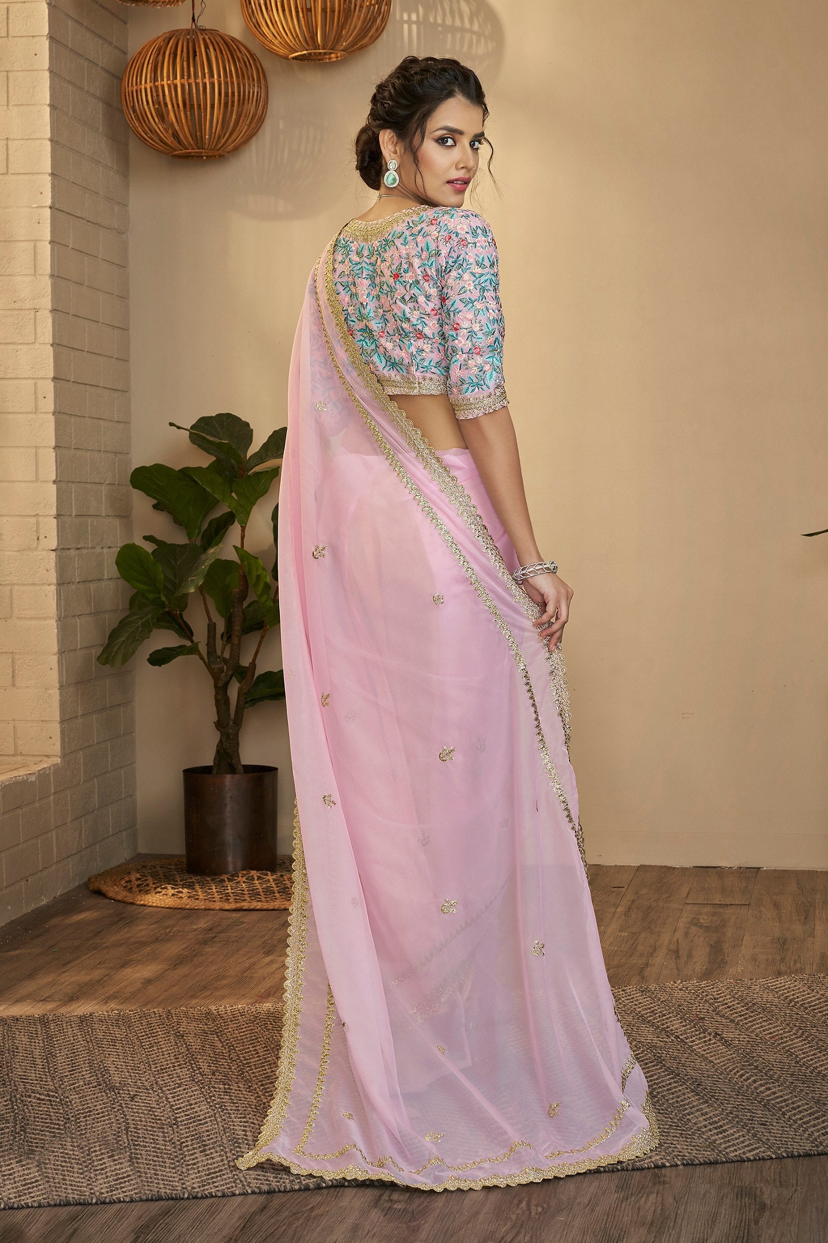 Light Pink Elegant Organza Saree with Resham, Zari & Sequins Embroidery | With Unstitched Blouse Piece