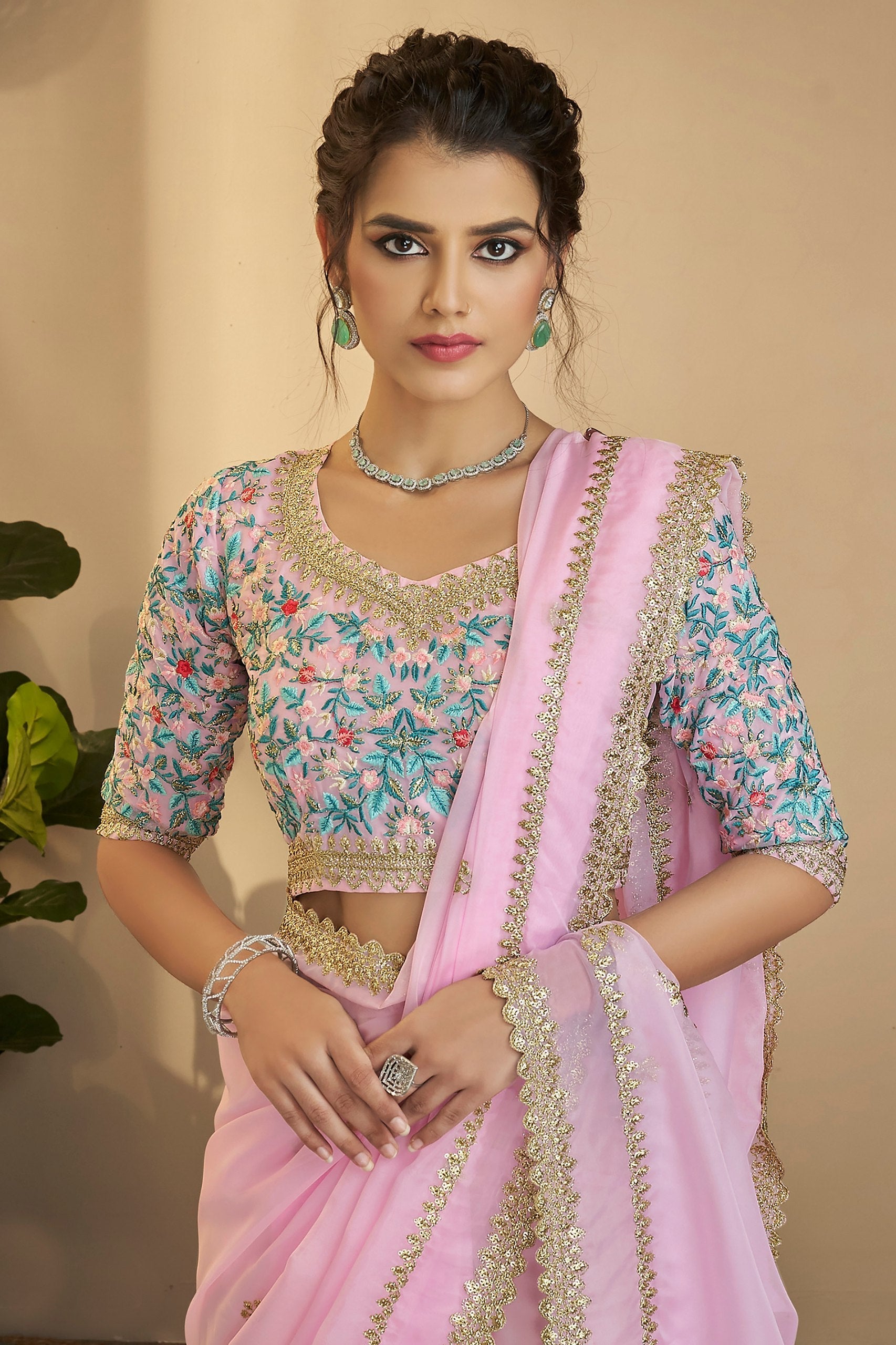 Light Pink Elegant Organza Saree with Resham, Zari & Sequins Embroidery | With Unstitched Blouse Piece