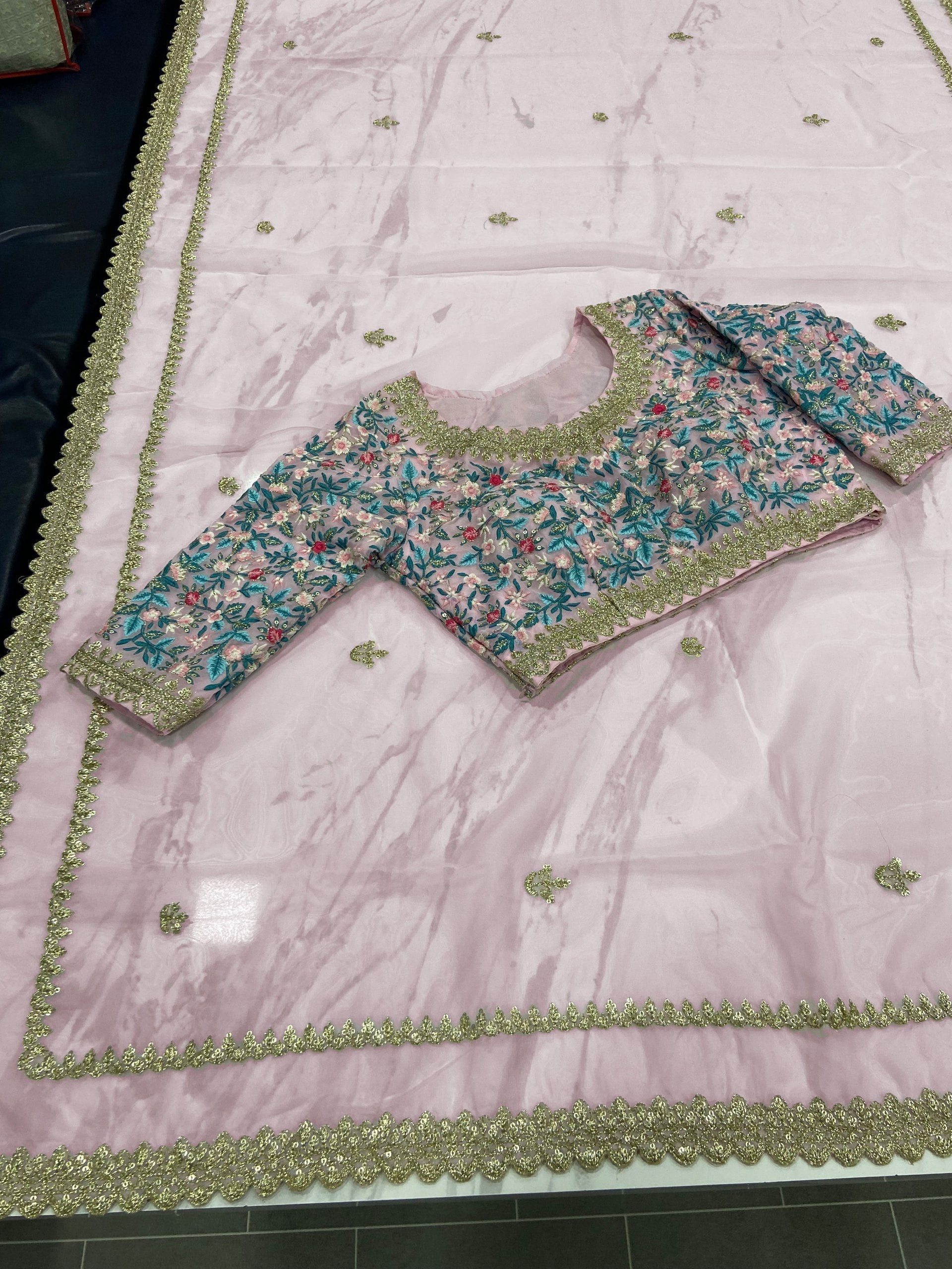 Light Pink Elegant Organza Saree with Resham, Zari & Sequins Embroidery | With Unstitched Blouse Piece