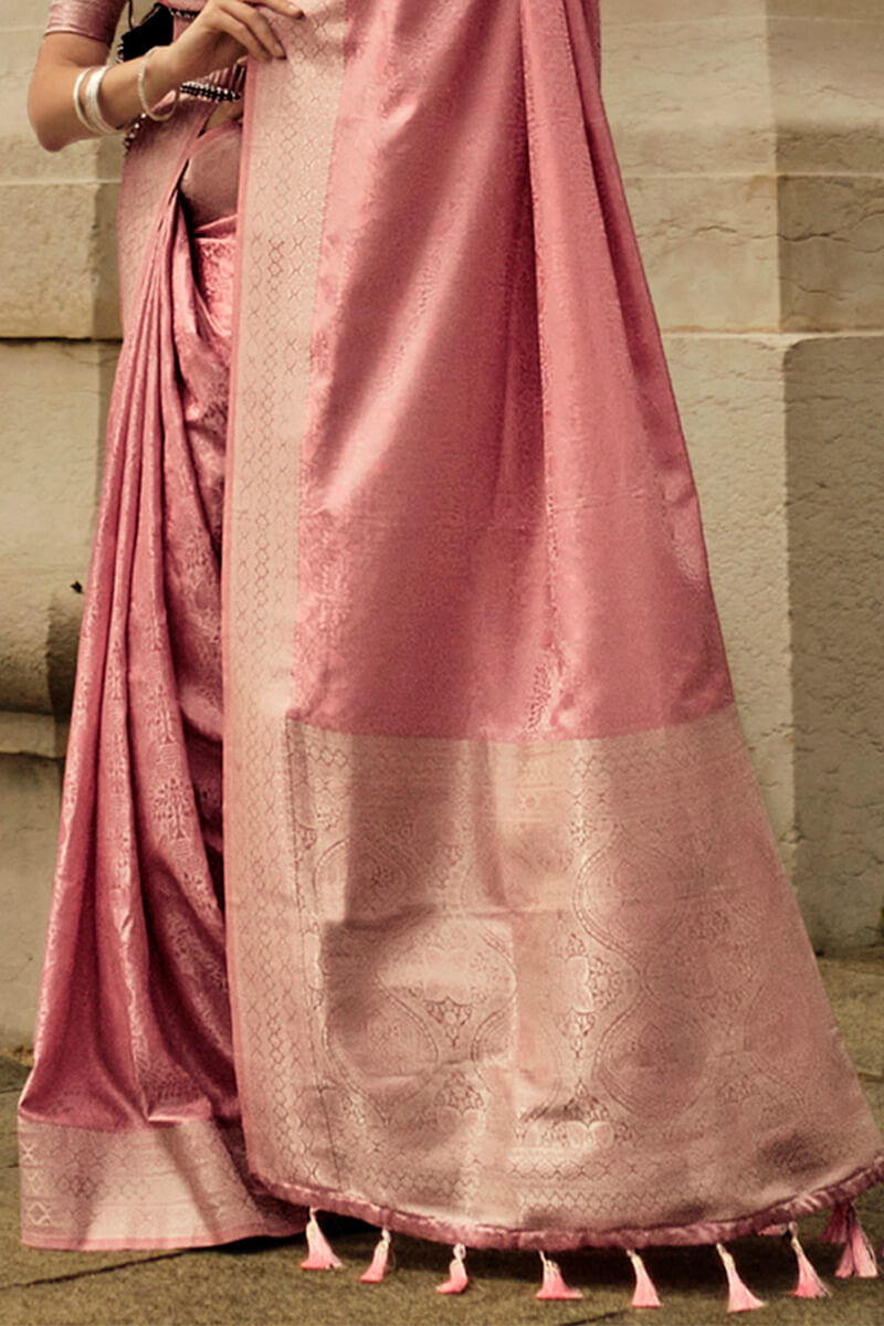 Light Pink Elegant Satin Silk Blend Saree with Matching Blended Silk Blouse Piece