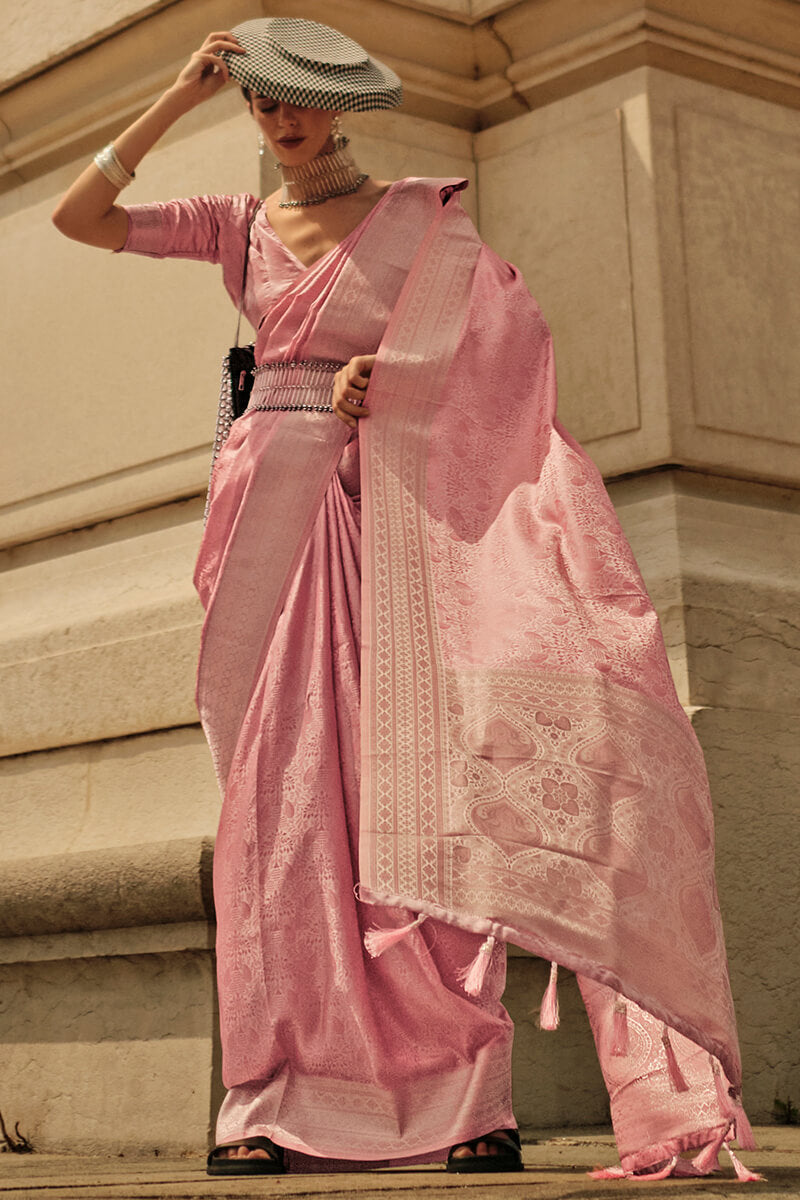 Light Pink Elegant Satin Silk Blend Saree with Matching Blended Silk Blouse Piece
