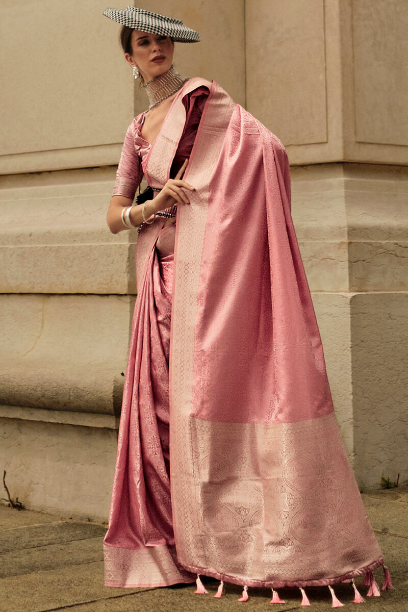 Light Pink Elegant Satin Silk Blend Saree with Matching Blended Silk Blouse Piece