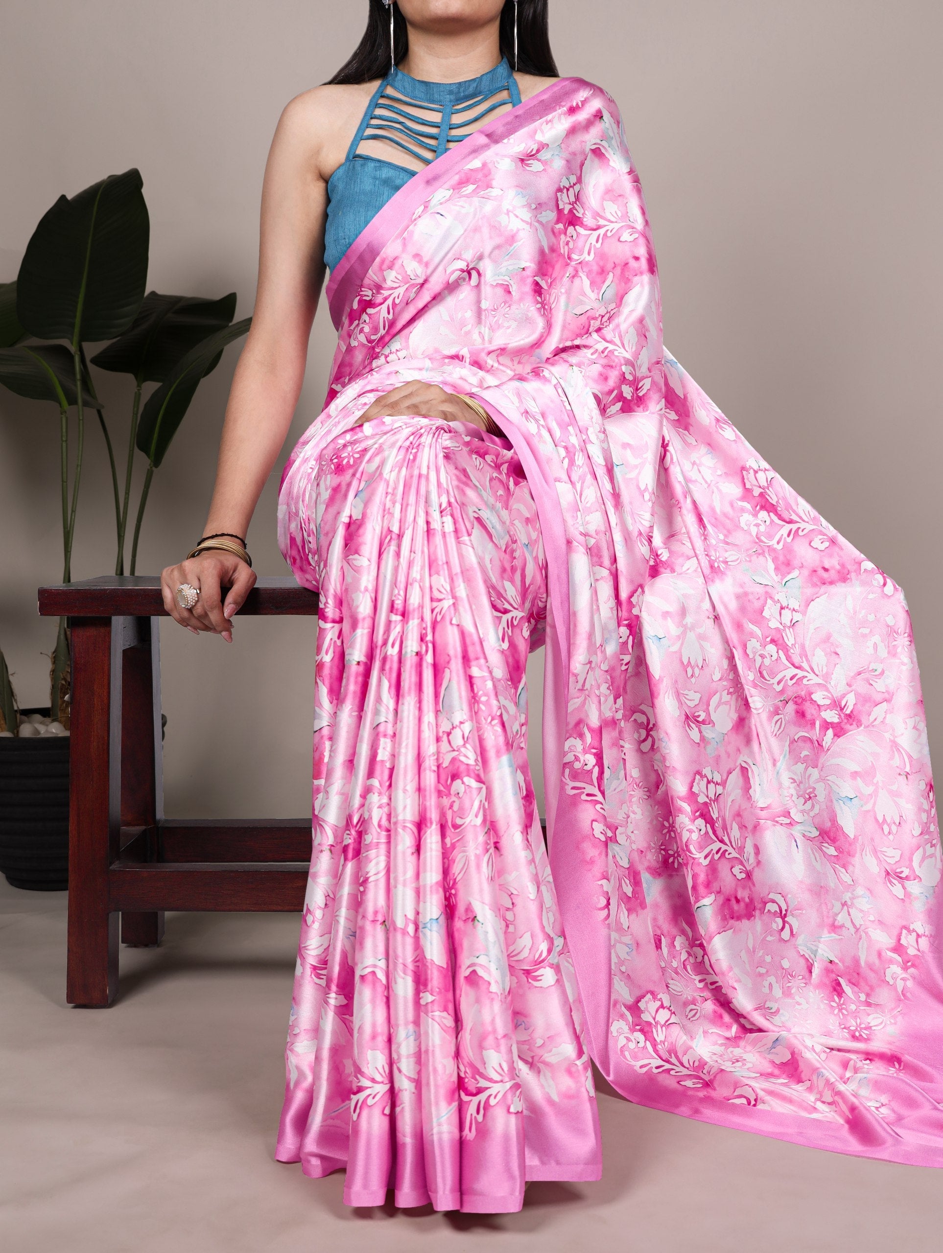 Light Pink Elegant Satin Silk Printed Saree with Banglory Blouse Piece – Soft, Lustrous & Timeless Ethnic Drape
