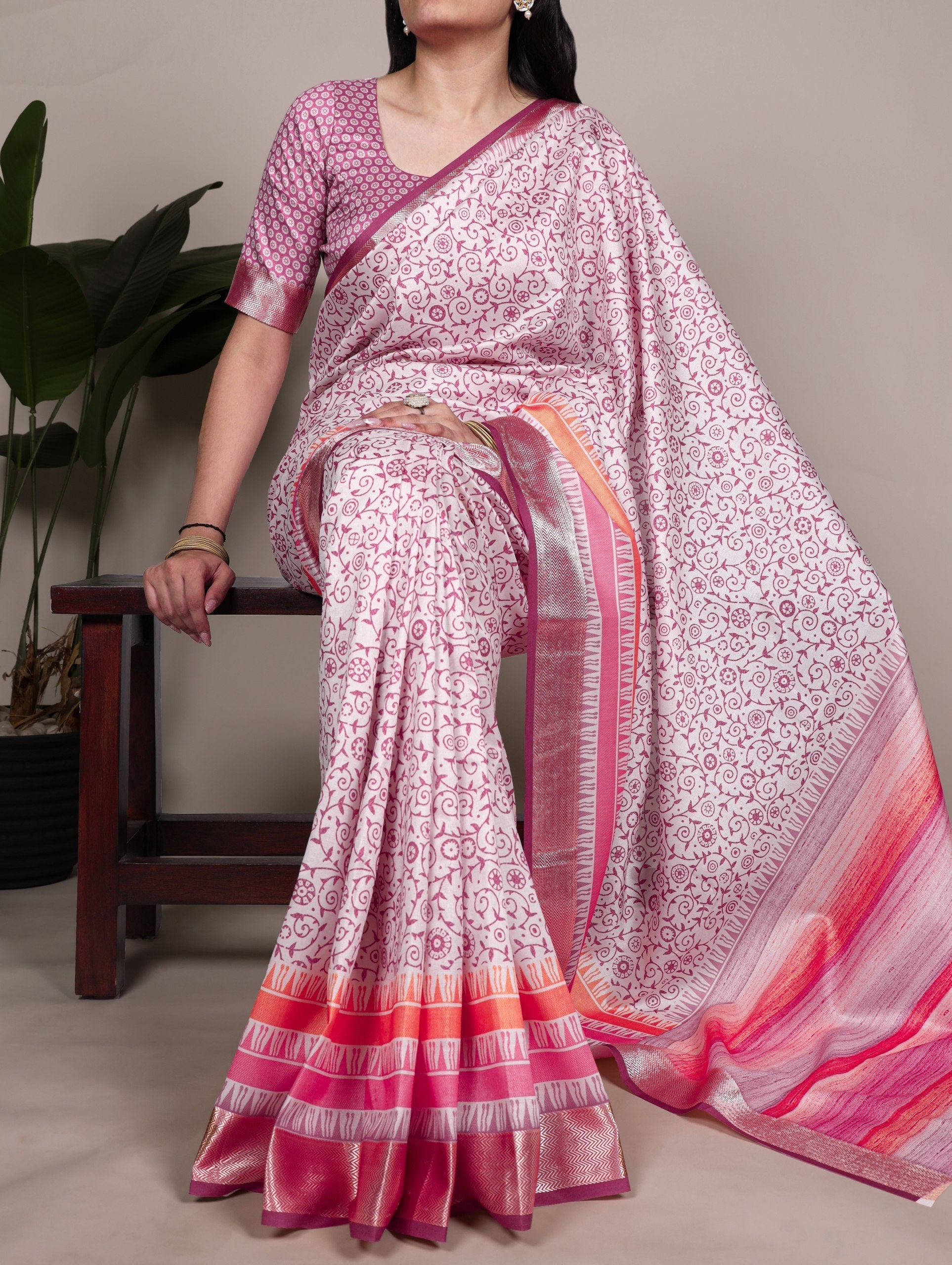Light Pink Elegant Tasar Silk Printed Saree with Viscose Border & Matching Unstitched Blouse – Premium Traditional Party & Festive Wear