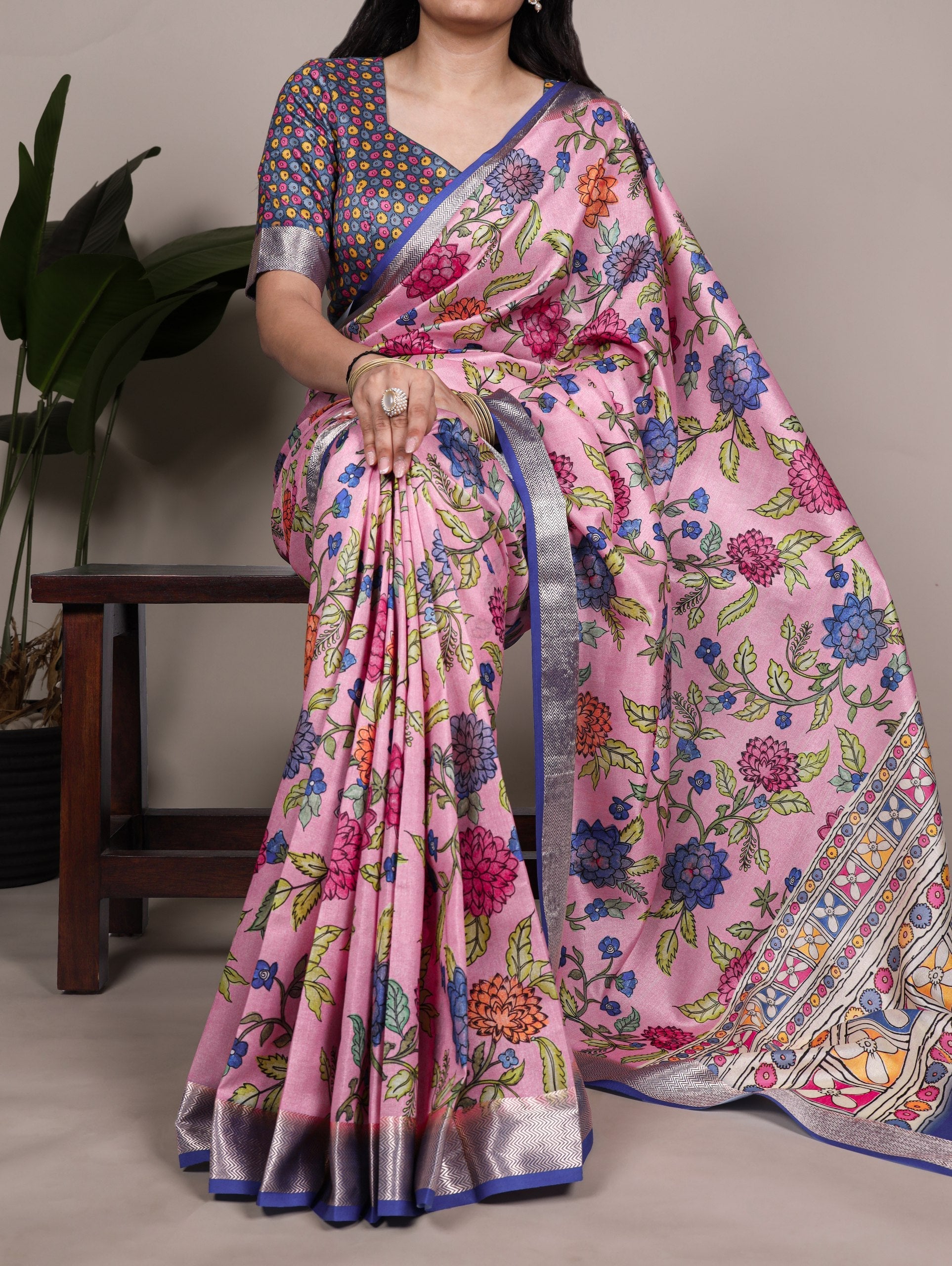 Light Pink Elegant Tasar Silk Saree with Traditional Floral Print & Viscose Border – 5.5 Meter Saree with Unstitched Blouse