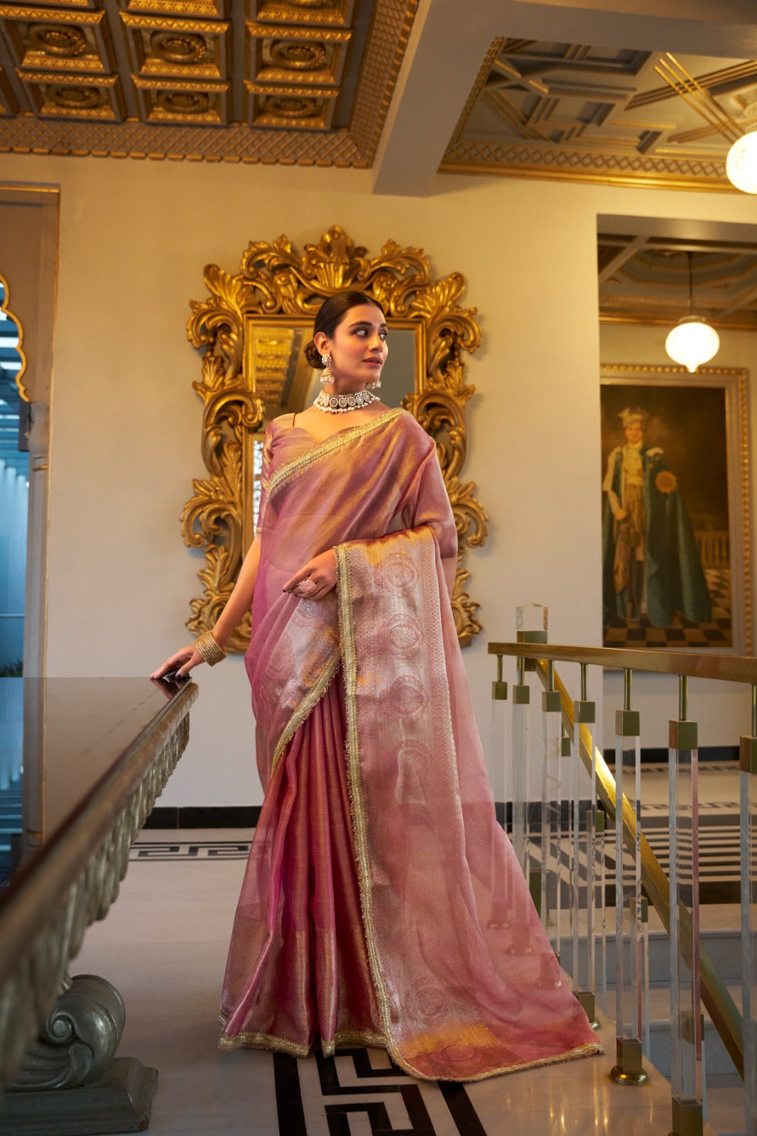 Light Pink Elegant Tissue Shimmer Saree with Zari Weaving and Sequins Lace Border