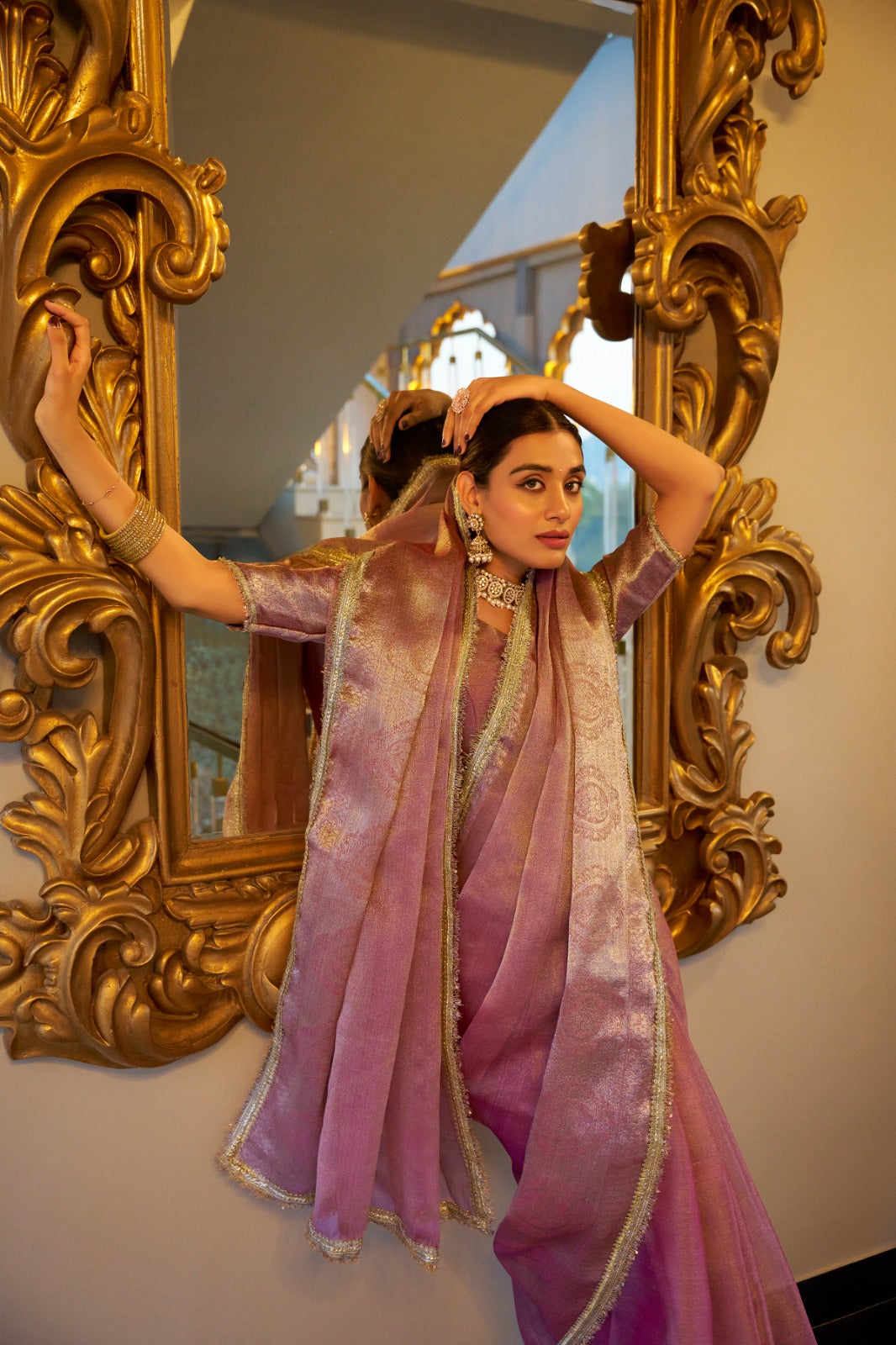 Light Pink Elegant Tissue Shimmer Saree with Zari Weaving and Sequins Lace Border