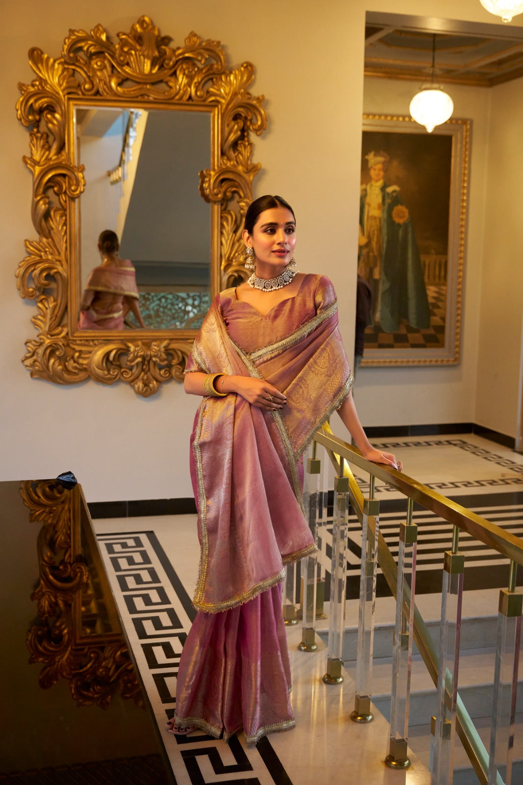 Light Pink Elegant Tissue Shimmer Saree with Zari Weaving and Sequins Lace Border