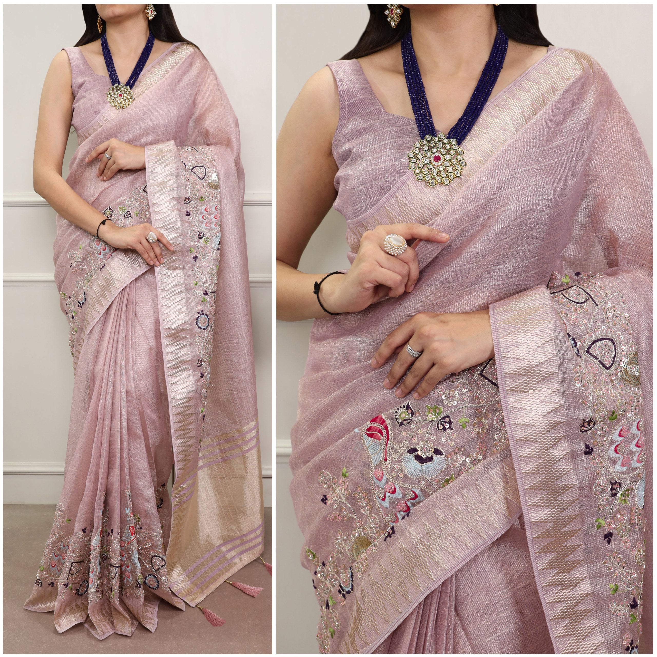 Light Pink Elegant Zari Kota Tissue Saree with Embroidery Beads Work & Zari Weaving Border, Matching Unstitched Blouse – Festive & Traditional Wear