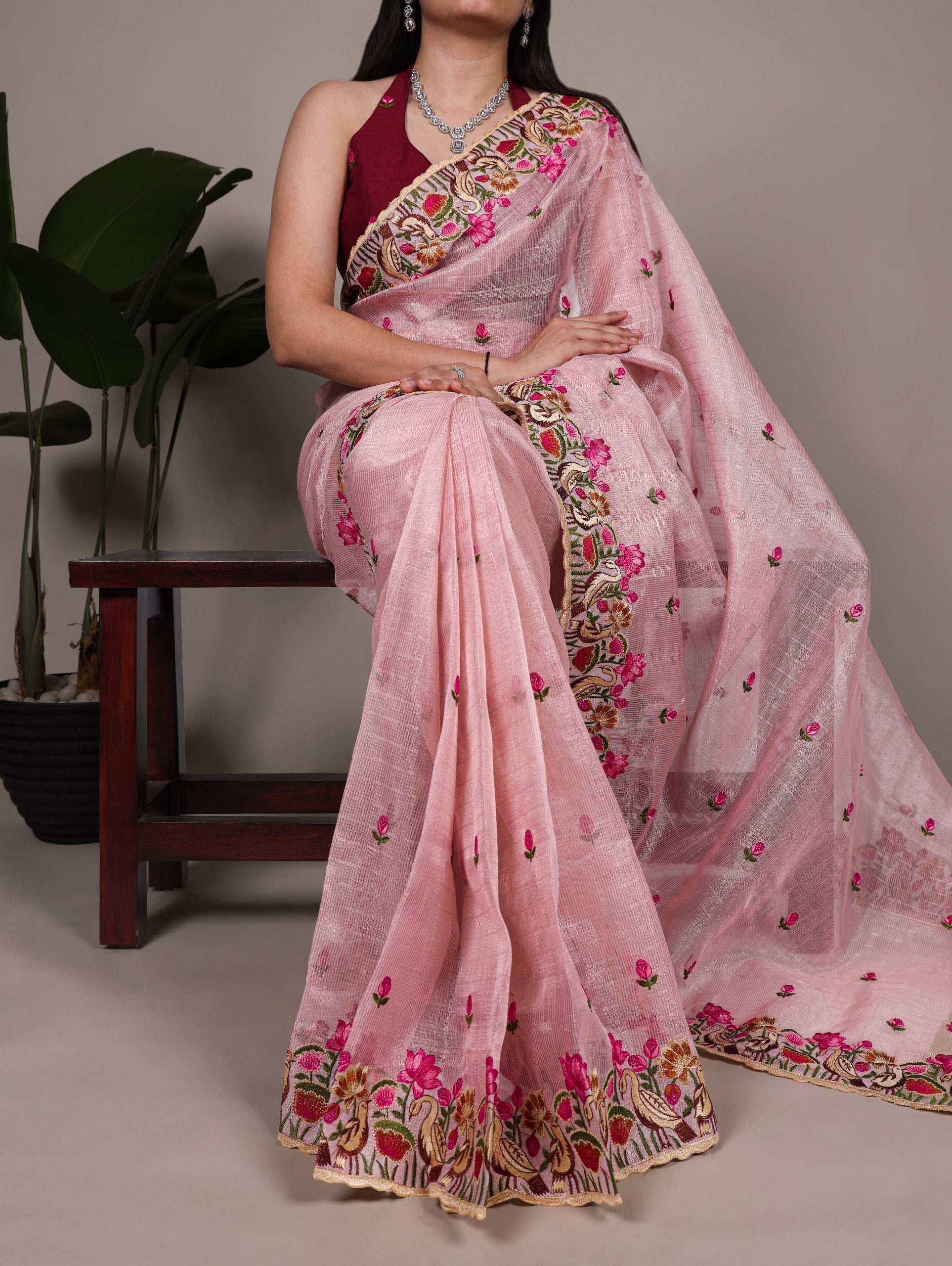 Light Pink Elegant Zari Kota Tissue Saree with Exquisite Thread Embroidery Work and Banglory Blouse Piece – Premium Ethnic Ensemble