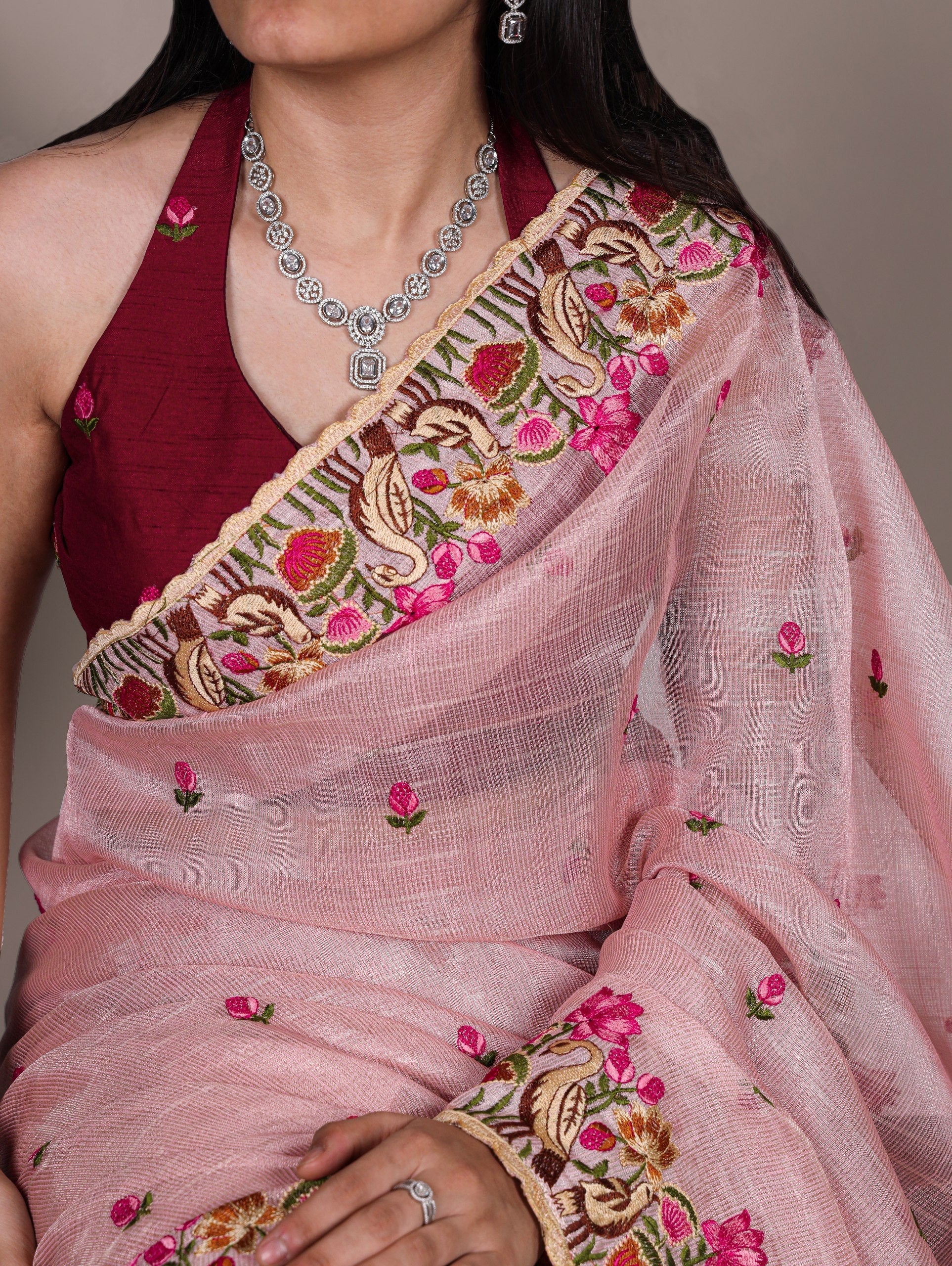 Light Pink Elegant Zari Kota Tissue Saree with Exquisite Thread Embroidery Work and Banglory Blouse Piece – Premium Ethnic Ensemble