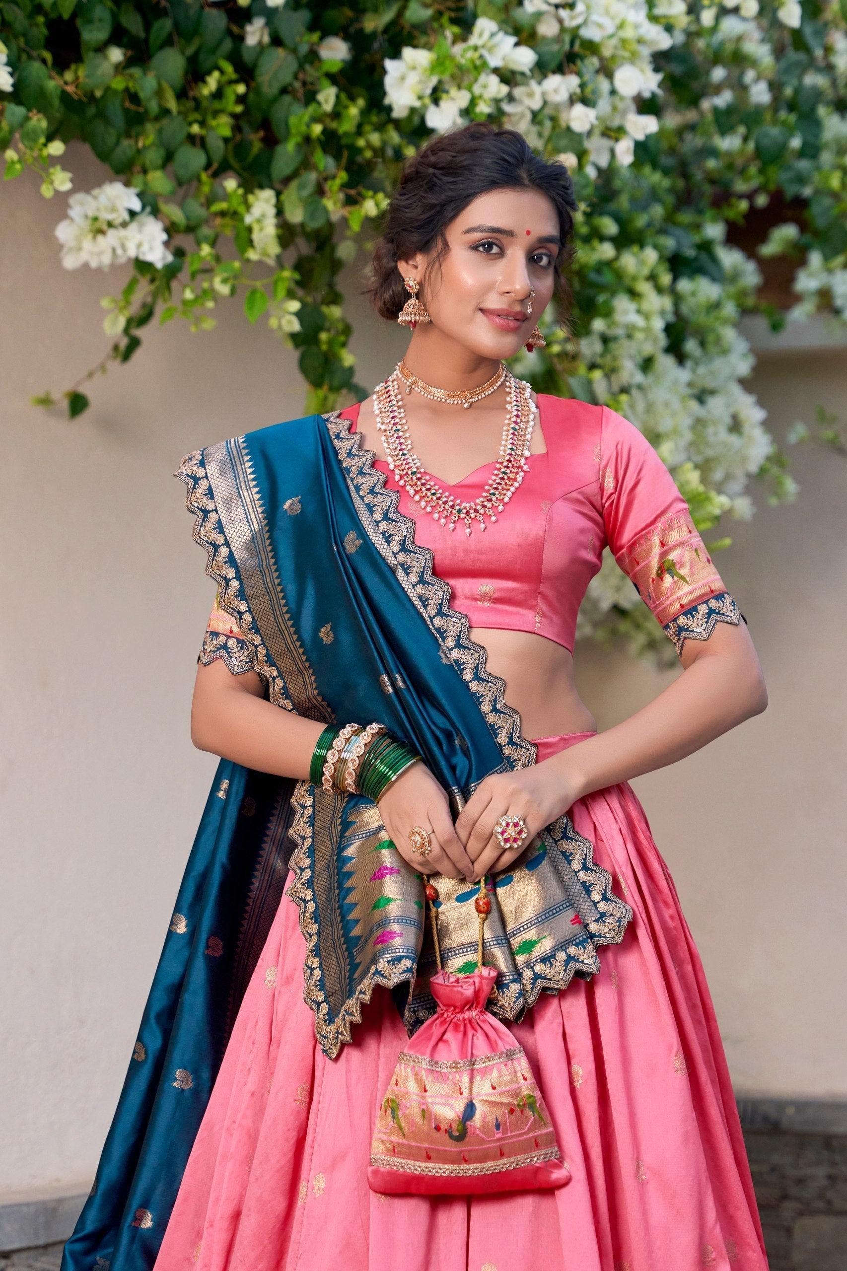 Light Pink Paithani Jacquard Silk Lehenga Set with Zari Weaving, Embroidery & Scallop