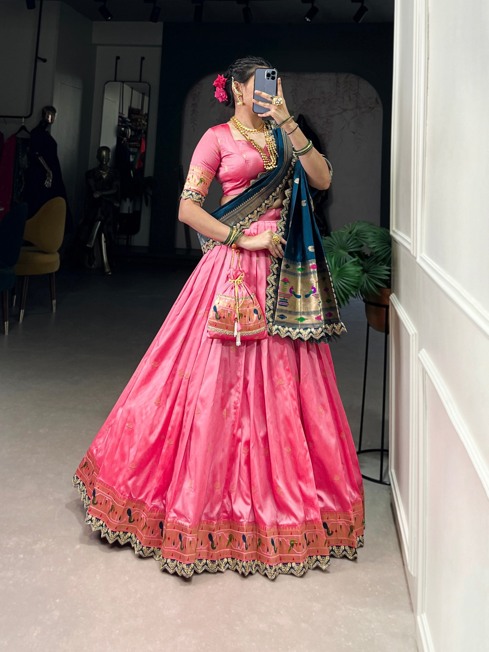 Light Pink Paithani Jacquard Silk Lehenga Set with Zari Weaving, Embroidery & Scallop