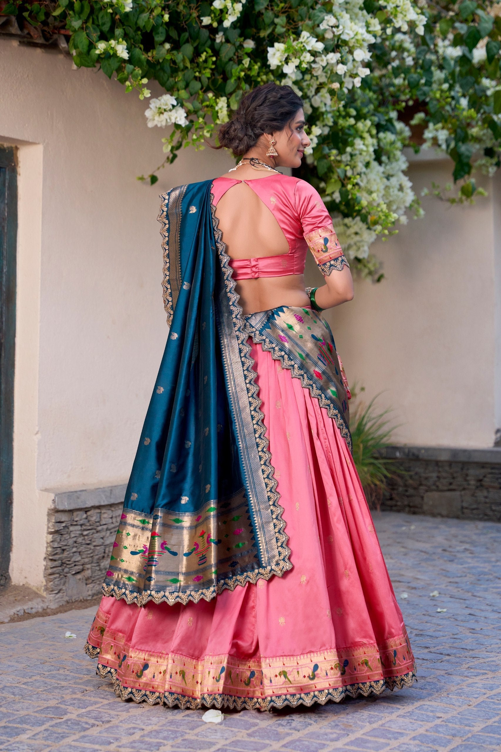 Light Pink Paithani Jacquard Silk Lehenga Set with Zari Weaving, Embroidery & Scallop
