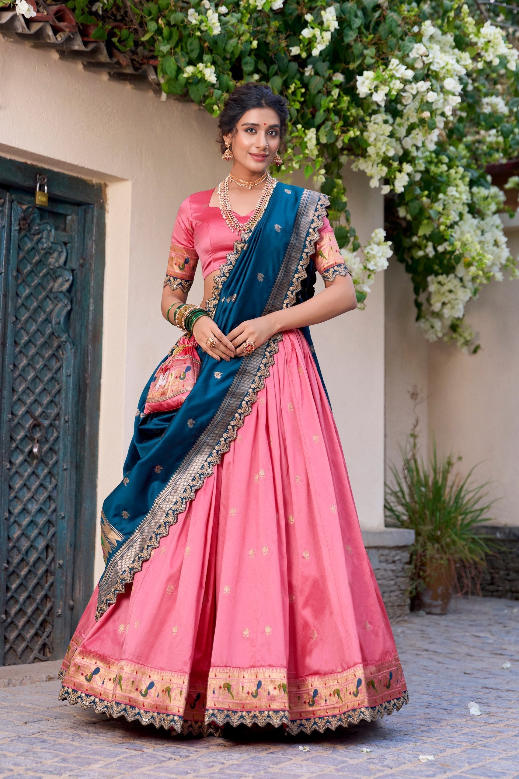 Light Pink Paithani Jacquard Silk Lehenga Set with Zari Weaving, Embroidery & Scallop