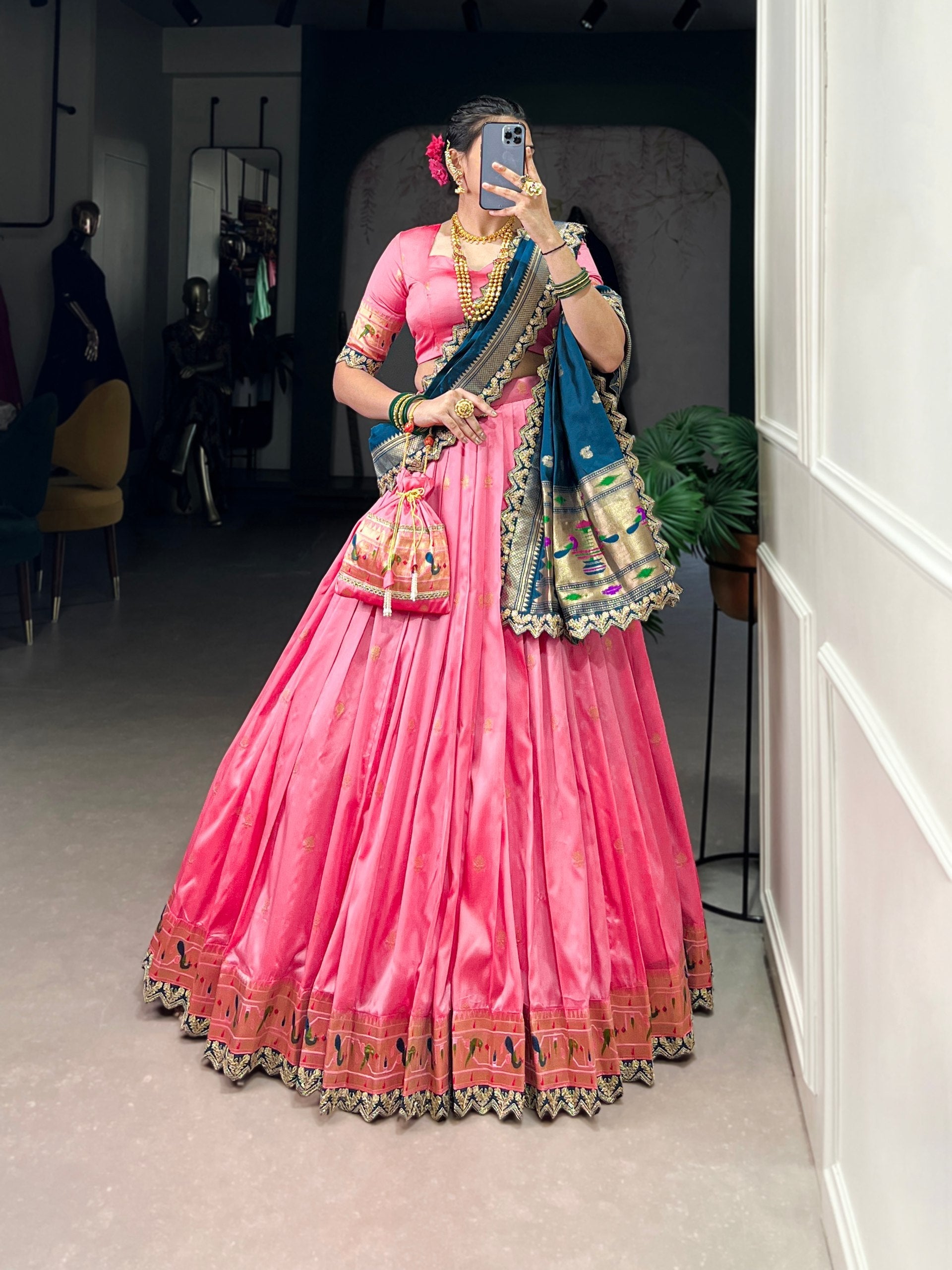 Light Pink Paithani Jacquard Silk Lehenga Set with Zari Weaving, Embroidery & Scallop