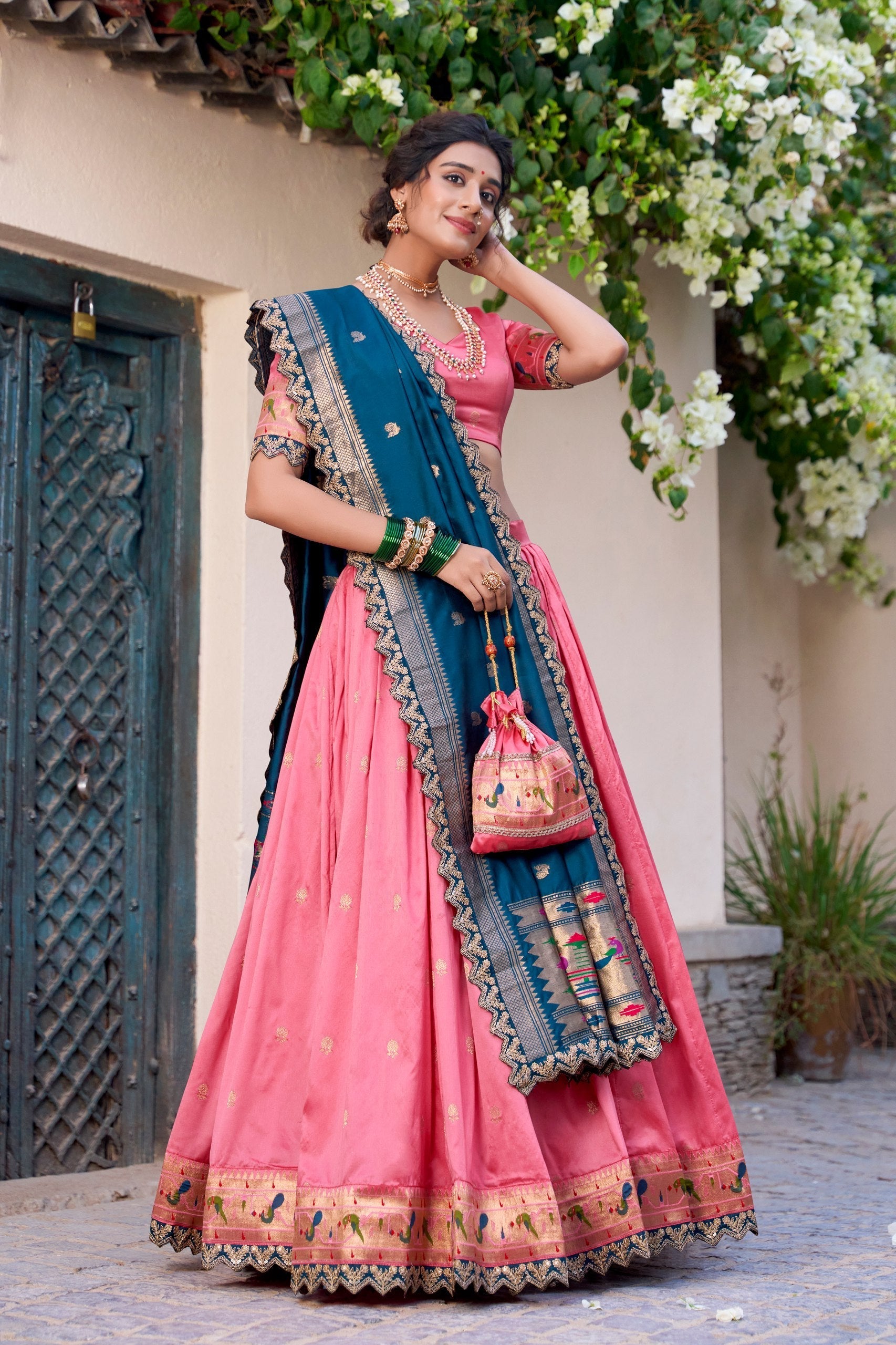 Light Pink Paithani Jacquard Silk Lehenga Set with Zari Weaving, Embroidery & Scallop