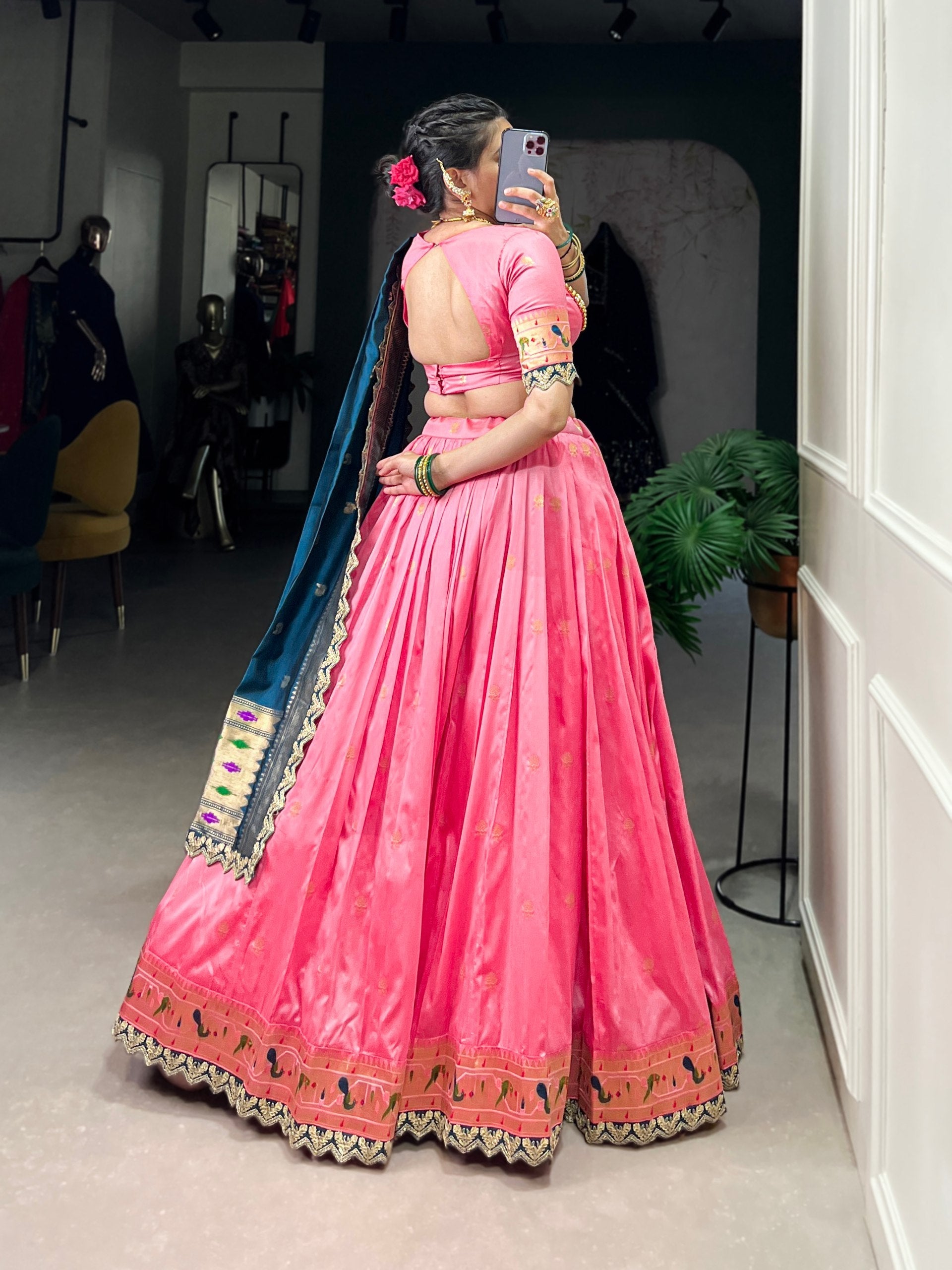 Light Pink Paithani Jacquard Silk Lehenga Set with Zari Weaving, Embroidery & Scallop