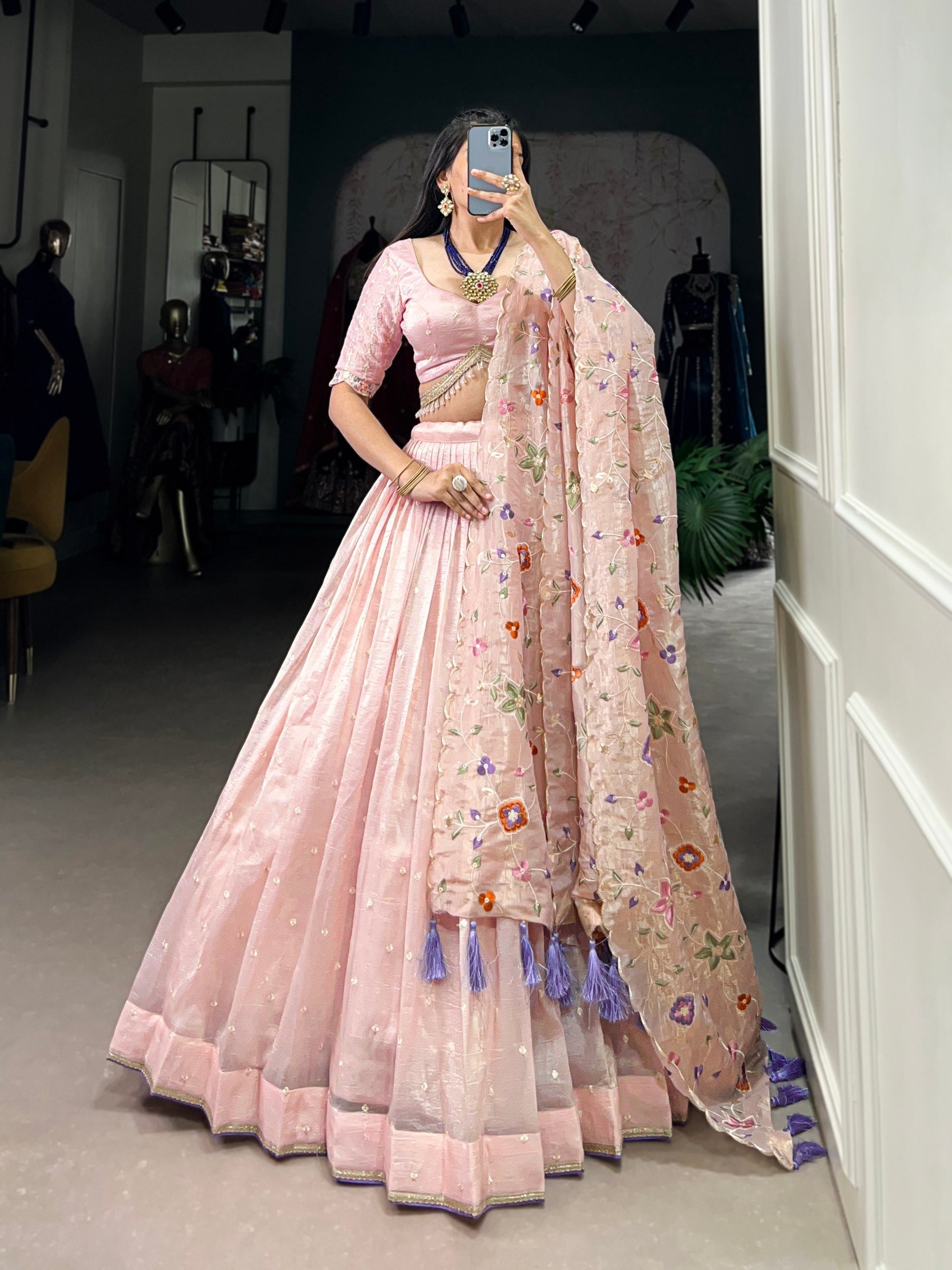 Light Pink Radiant Rose Gold Crush Lehenga Set – Elegance in Every Stitch