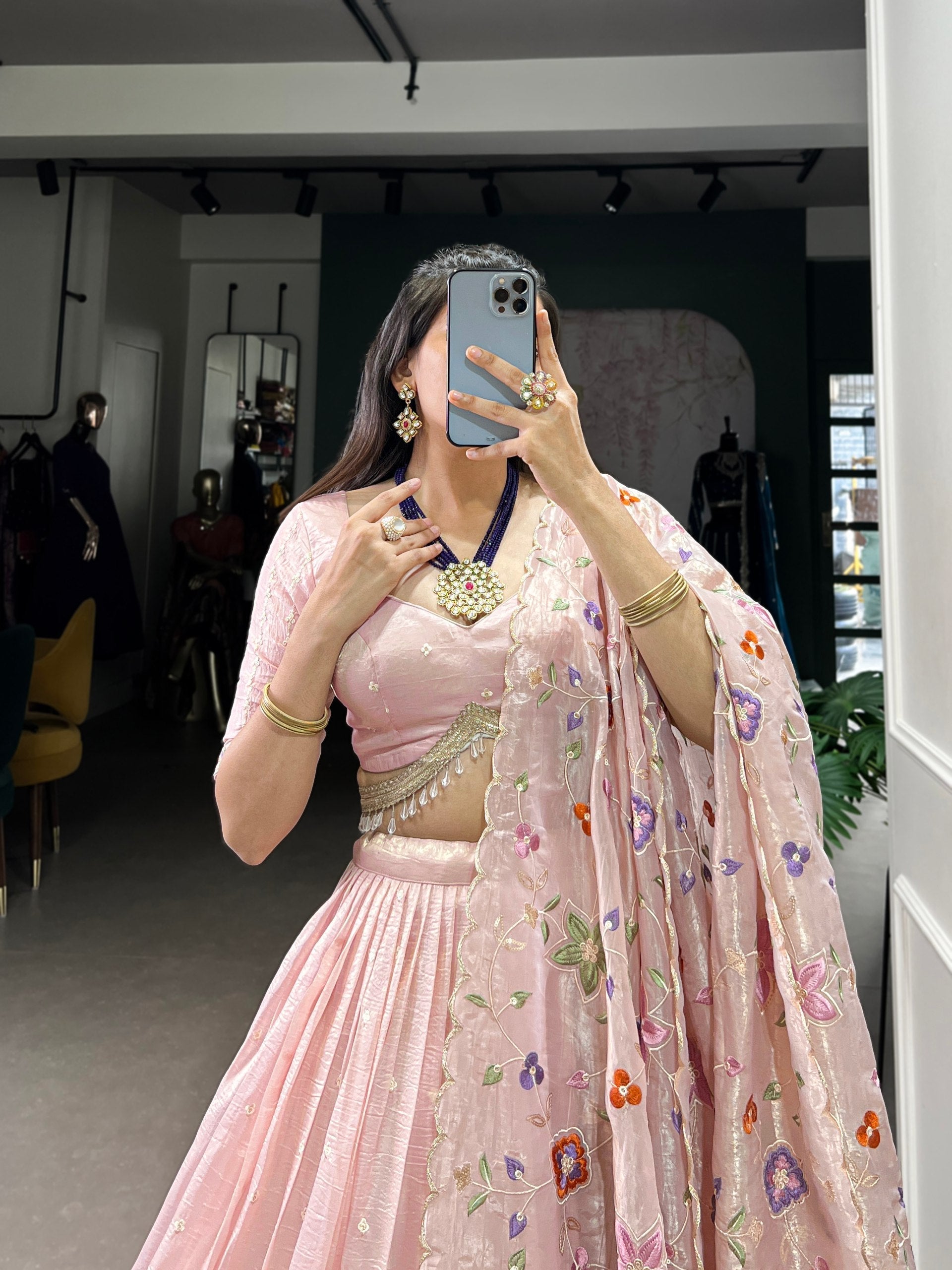Light Pink Radiant Rose Gold Crush Lehenga Set – Elegance in Every Stitch