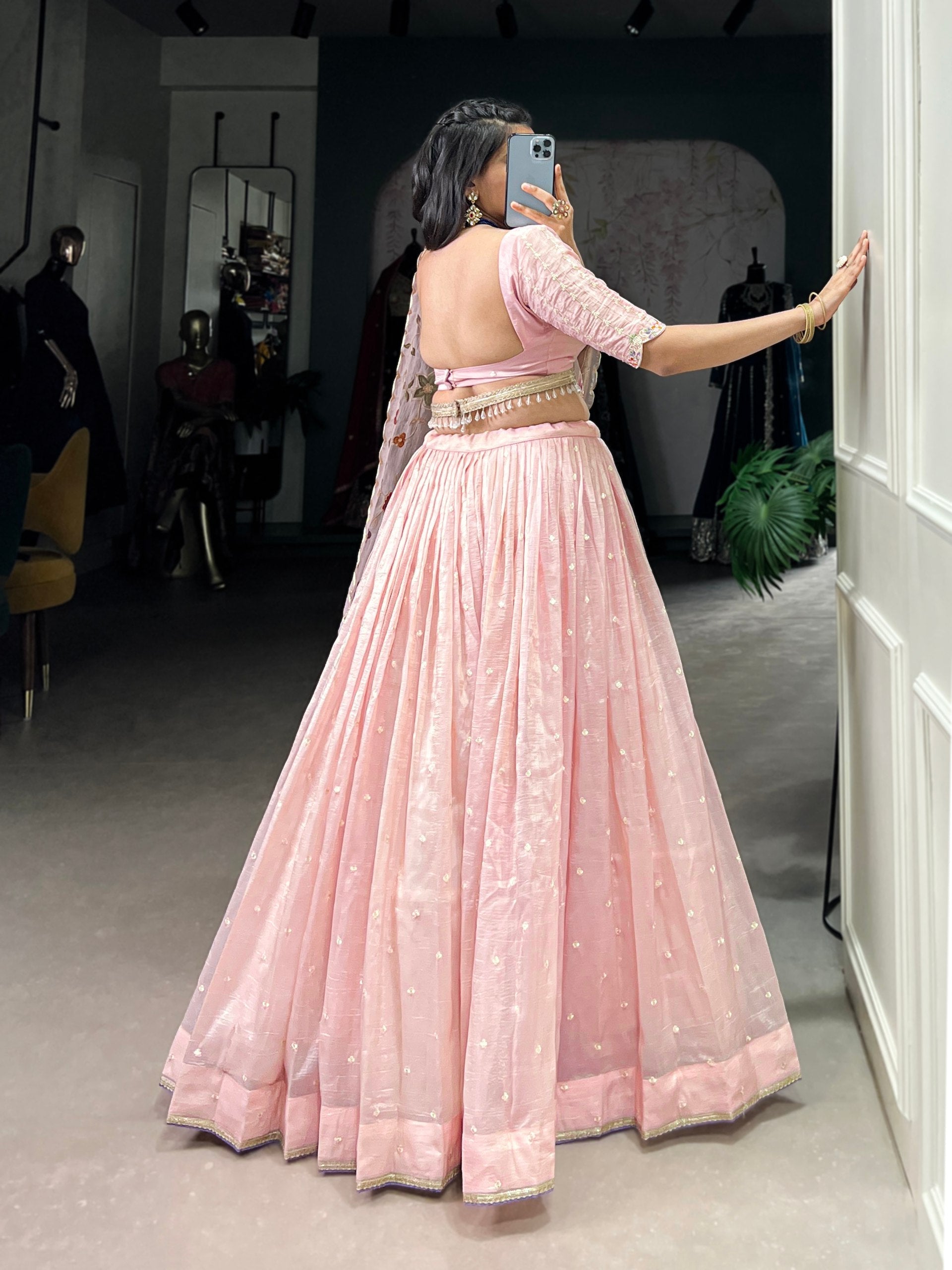 Light Pink Radiant Rose Gold Crush Lehenga Set – Elegance in Every Stitch