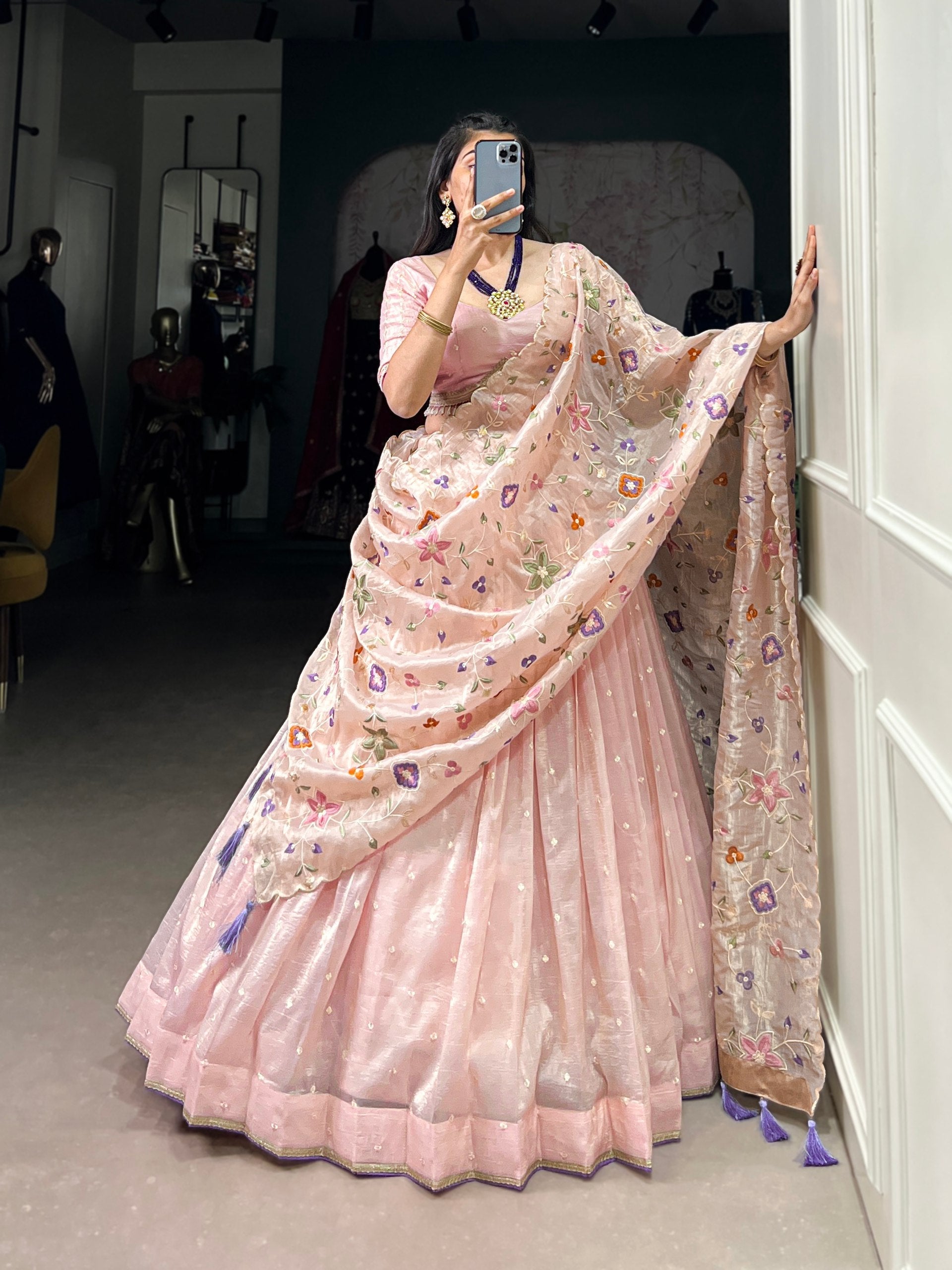 Light Pink Radiant Rose Gold Crush Lehenga Set – Elegance in Every Stitch