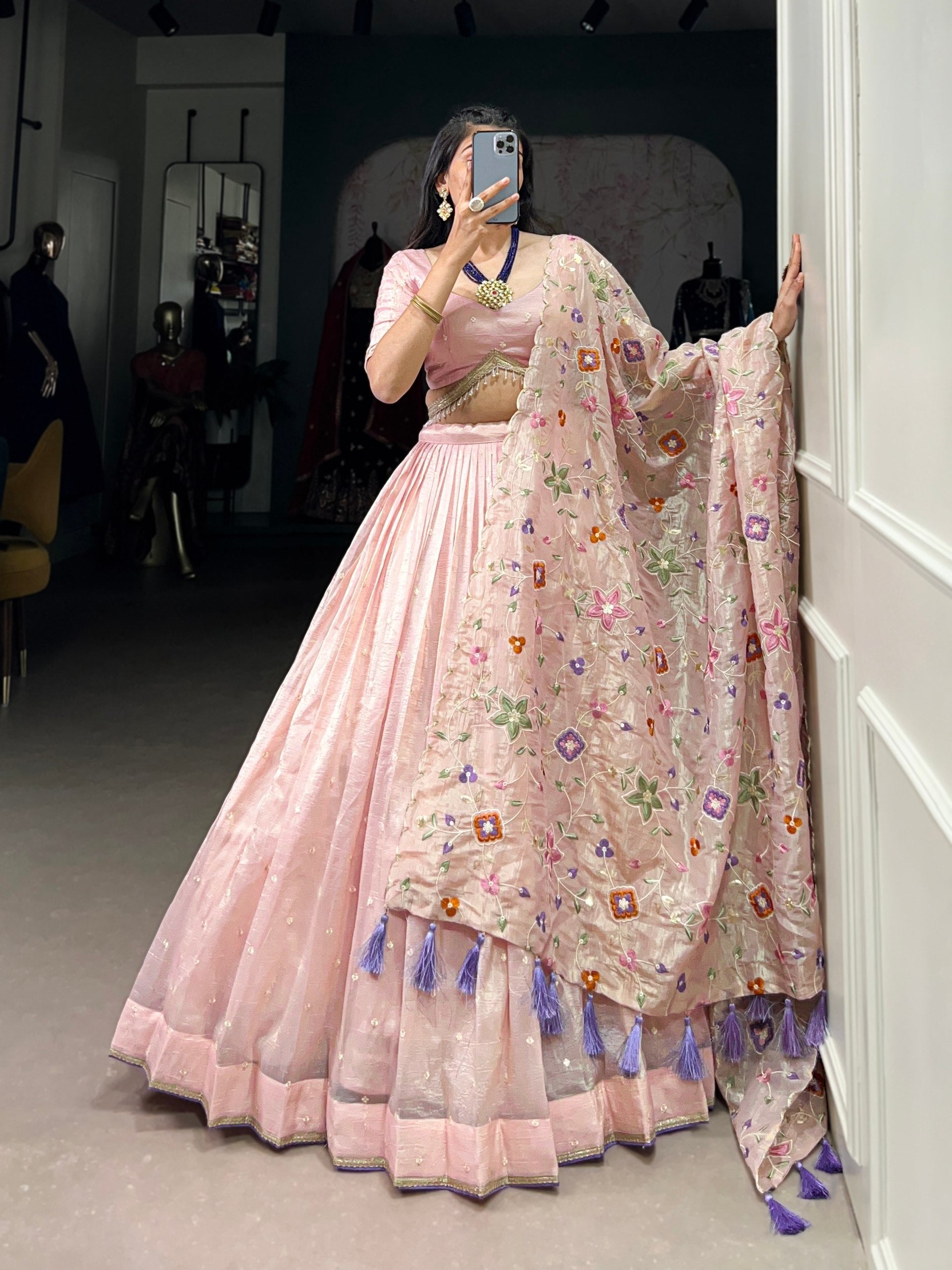 Light Pink Radiant Rose Gold Crush Lehenga Set – Elegance in Every Stitch