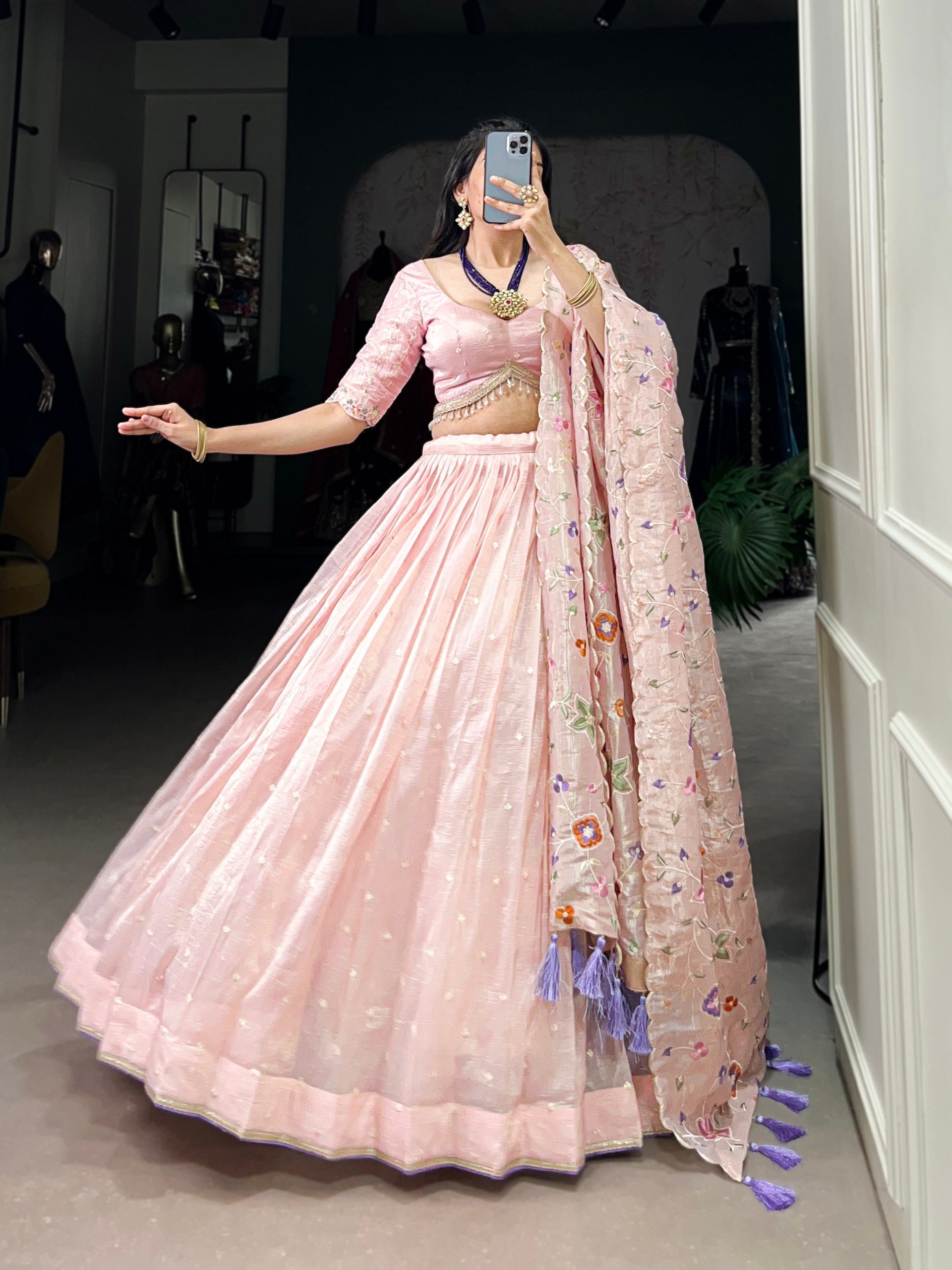 Light Pink Radiant Rose Gold Crush Lehenga Set – Elegance in Every Stitch