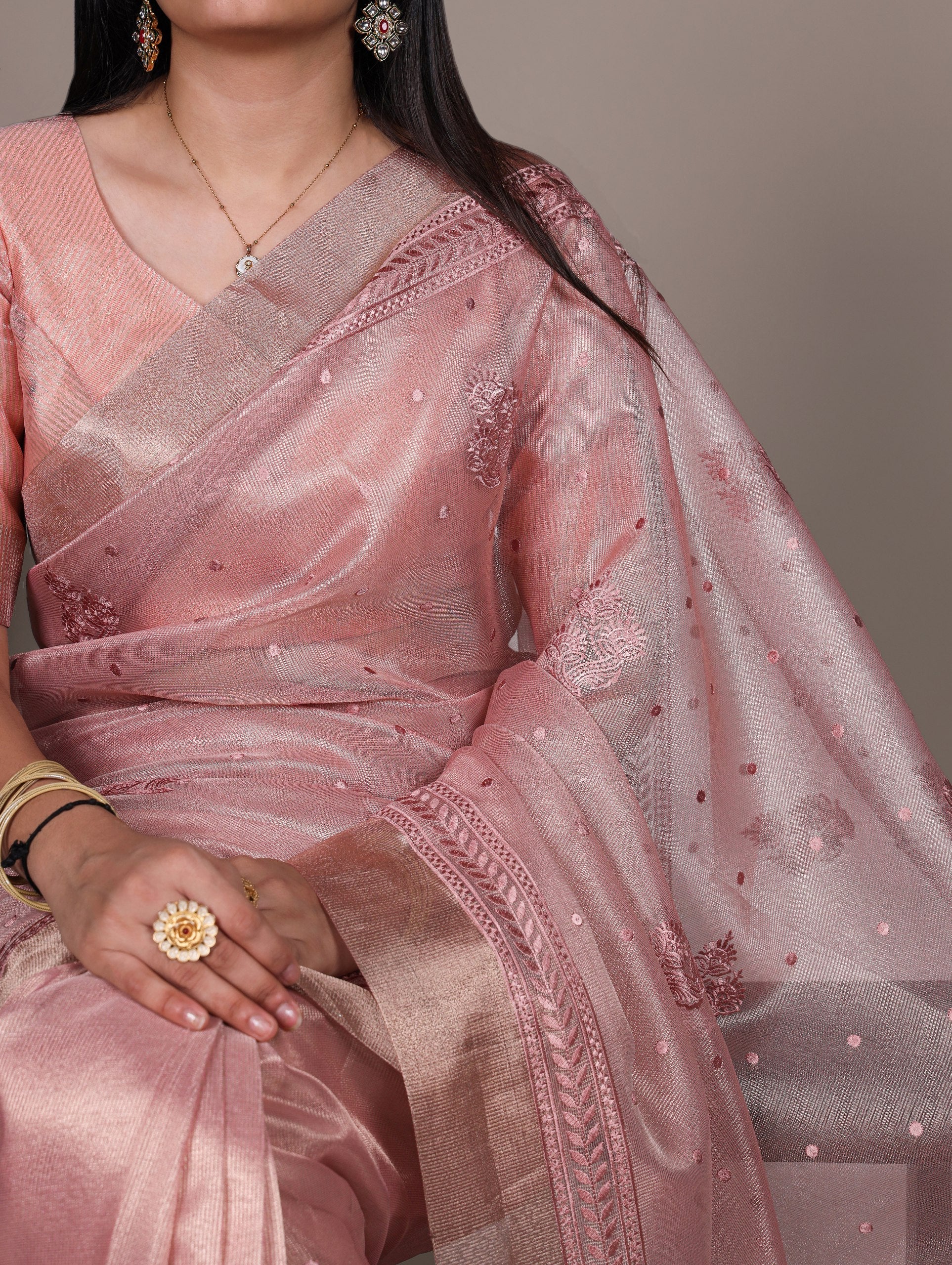Light Pink Rose Gold Poly Shimmer Saree with Elegant Thread Embroidery and Matching Blouse – Unstitched Ensemble
