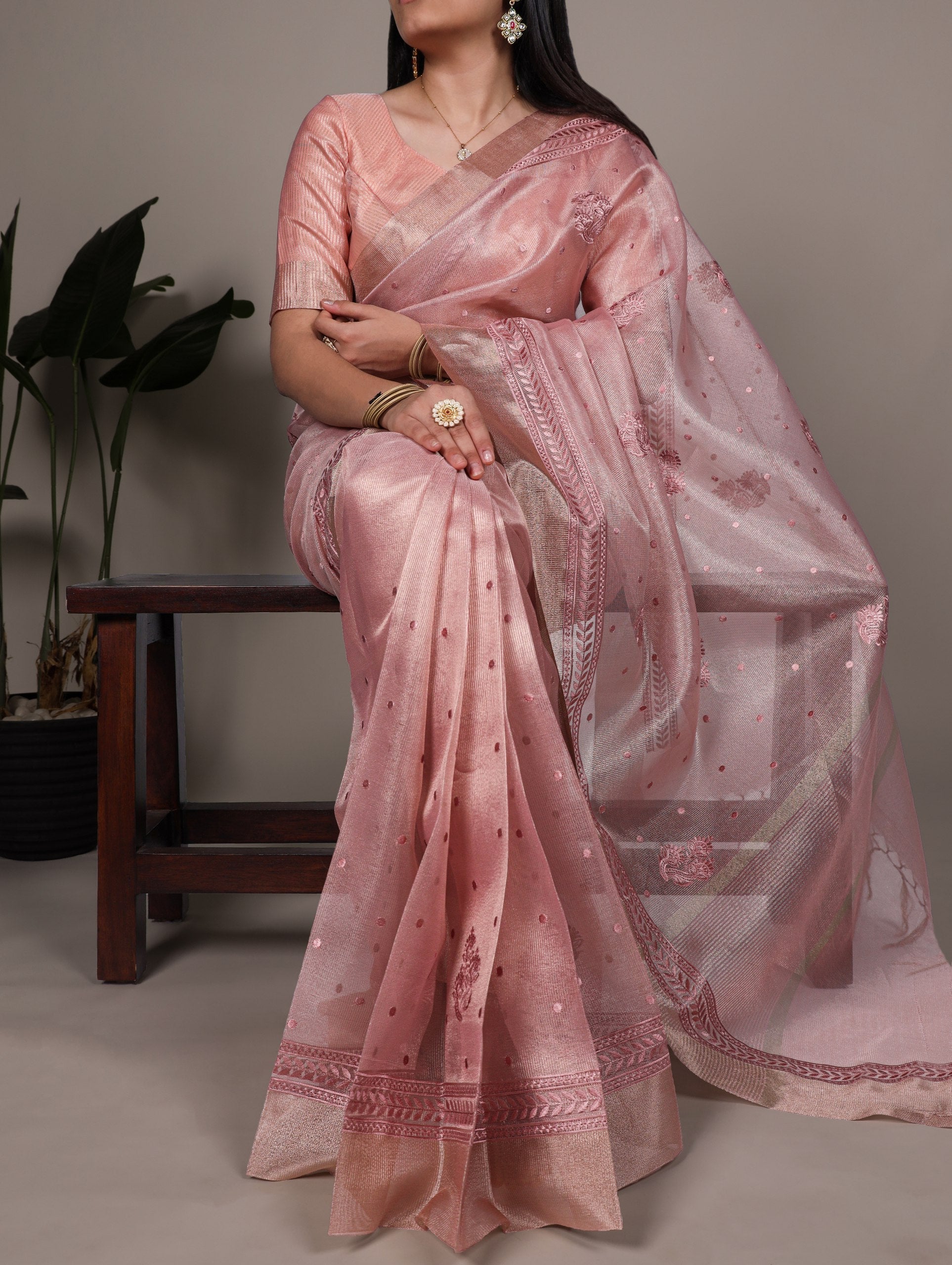 Light Pink Rose Gold Poly Shimmer Saree with Elegant Thread Embroidery and Matching Blouse – Unstitched Ensemble