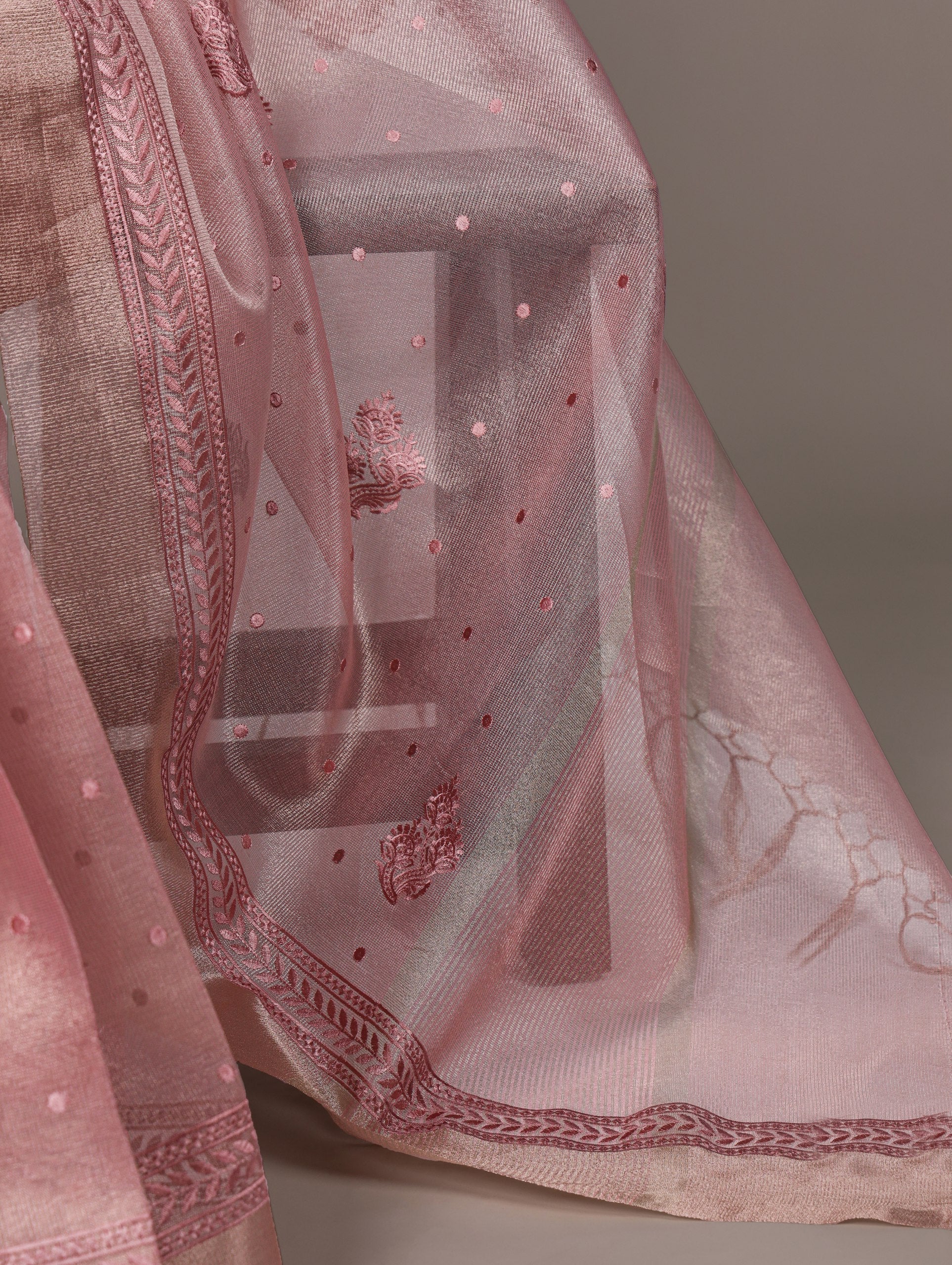 Light Pink Rose Gold Poly Shimmer Saree with Elegant Thread Embroidery and Matching Blouse – Unstitched Ensemble