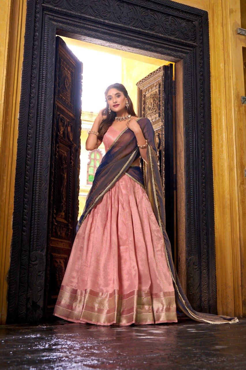 Light Pink Royal Dupion Silk Zari Weaving Lehenga Choli with Zari Shimmer Dupatta – Stitched Traditional Ensemble