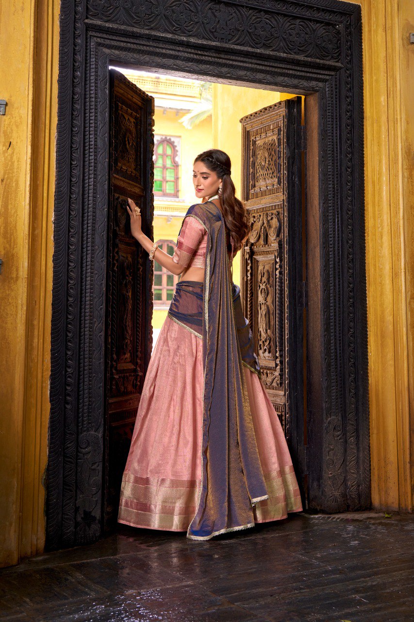 Light Pink Royal Dupion Silk Zari Weaving Lehenga Choli with Zari Shimmer Dupatta – Stitched Traditional Ensemble