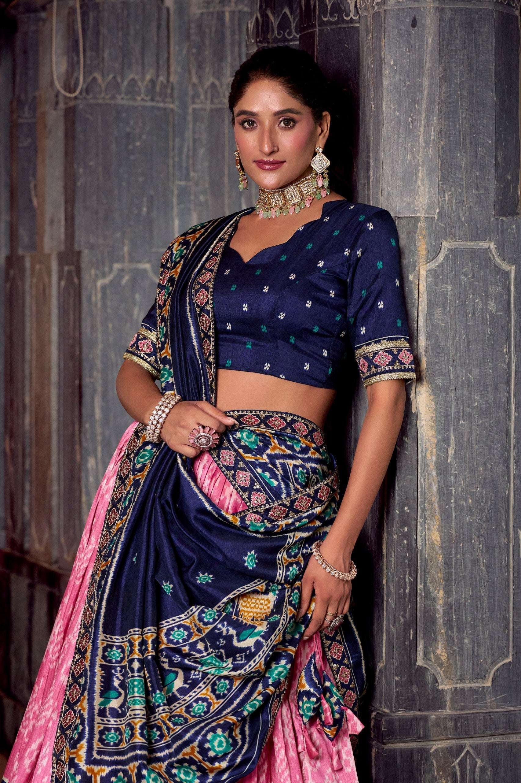 Light Pink Tasar Silk Ikkat Print Lehenga Set with Embroidered Blouse & Dupatta