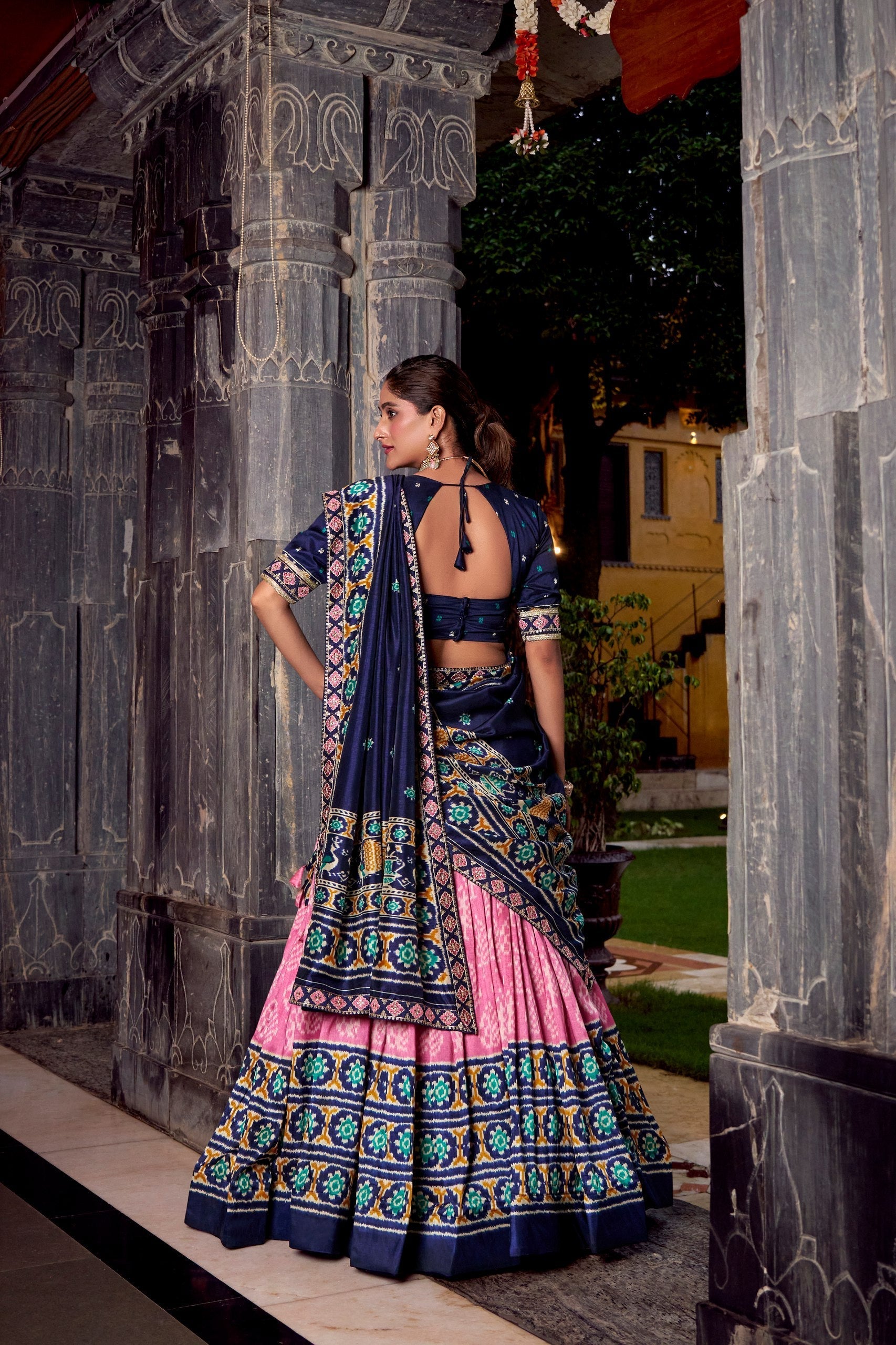 Light Pink Tasar Silk Ikkat Print Lehenga Set with Embroidered Blouse & Dupatta