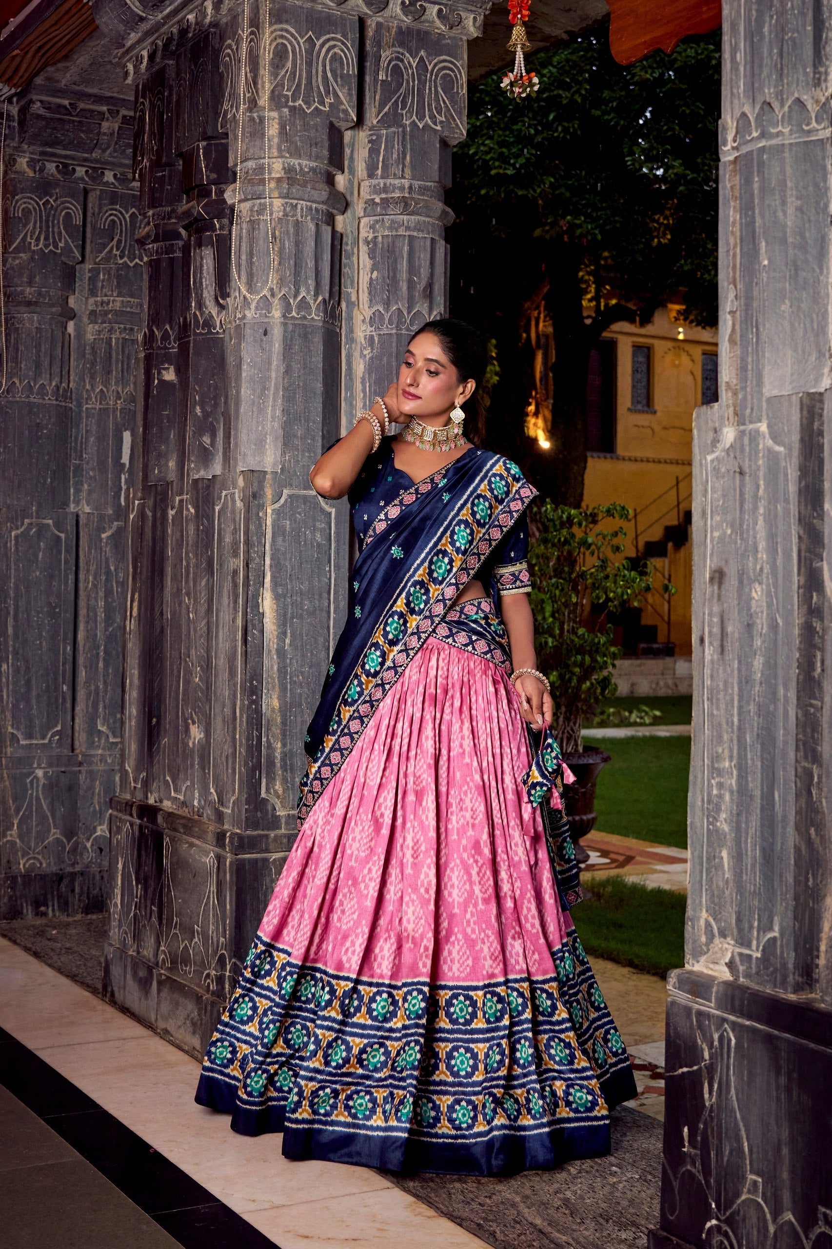 Light Pink Tasar Silk Ikkat Print Lehenga Set with Embroidered Blouse & Dupatta