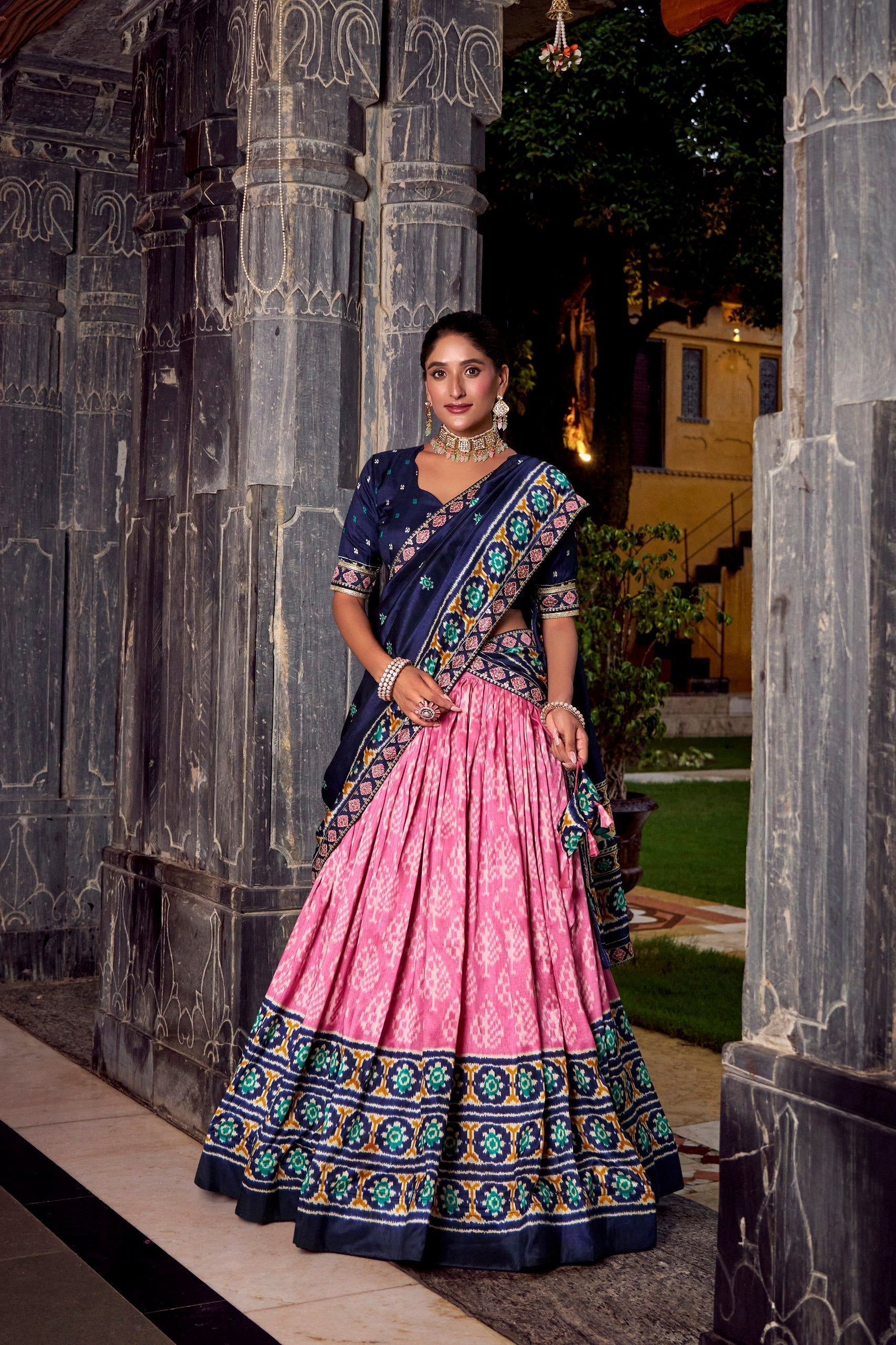 Light Pink Tasar Silk Ikkat Print Lehenga Set with Embroidered Blouse & Dupatta