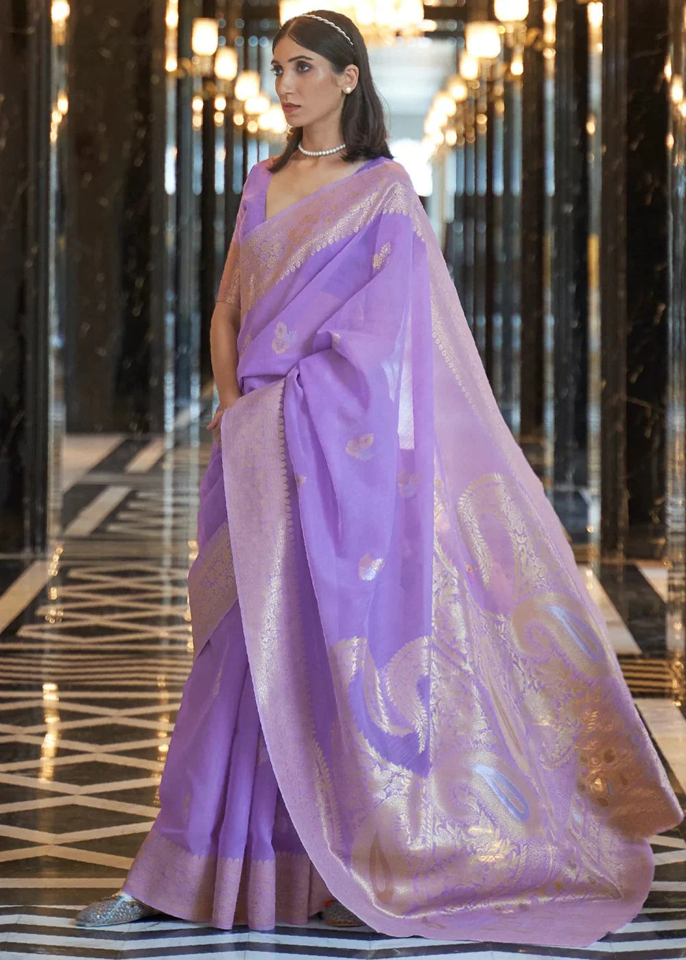 Light Purple Elegant Linen Saree with Floral Printed Weaving Work
