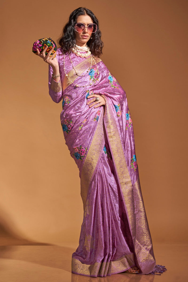 Light Purple Elegant Satin Traditional Saree with Zari & Thread Work