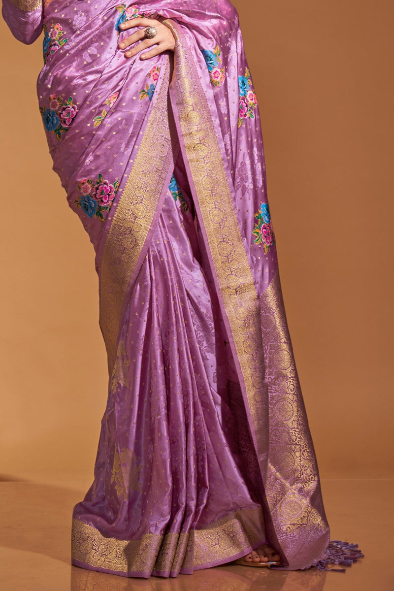 Light Purple Elegant Satin Traditional Saree with Zari & Thread Work
